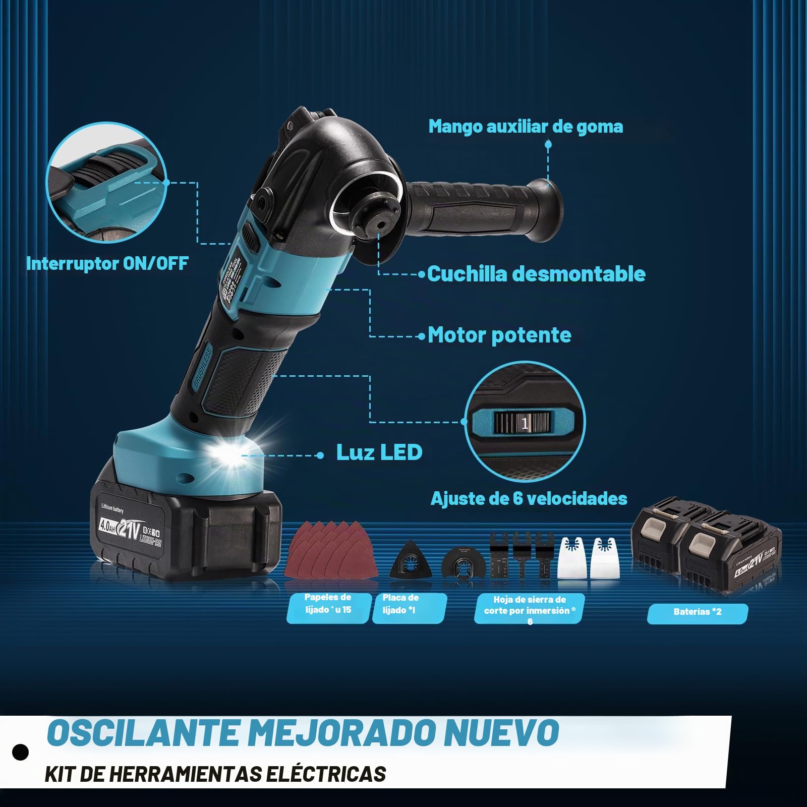 Multiherramienta Oscilante, Herramienta Multifunción Inalámbrica Sin Escobillas Para 2 baterías PCS 21V 4.0Ah, Kit De 26 PCS con Mango Adicional Para Corte, 6 Variables, 8500-22000 rpm