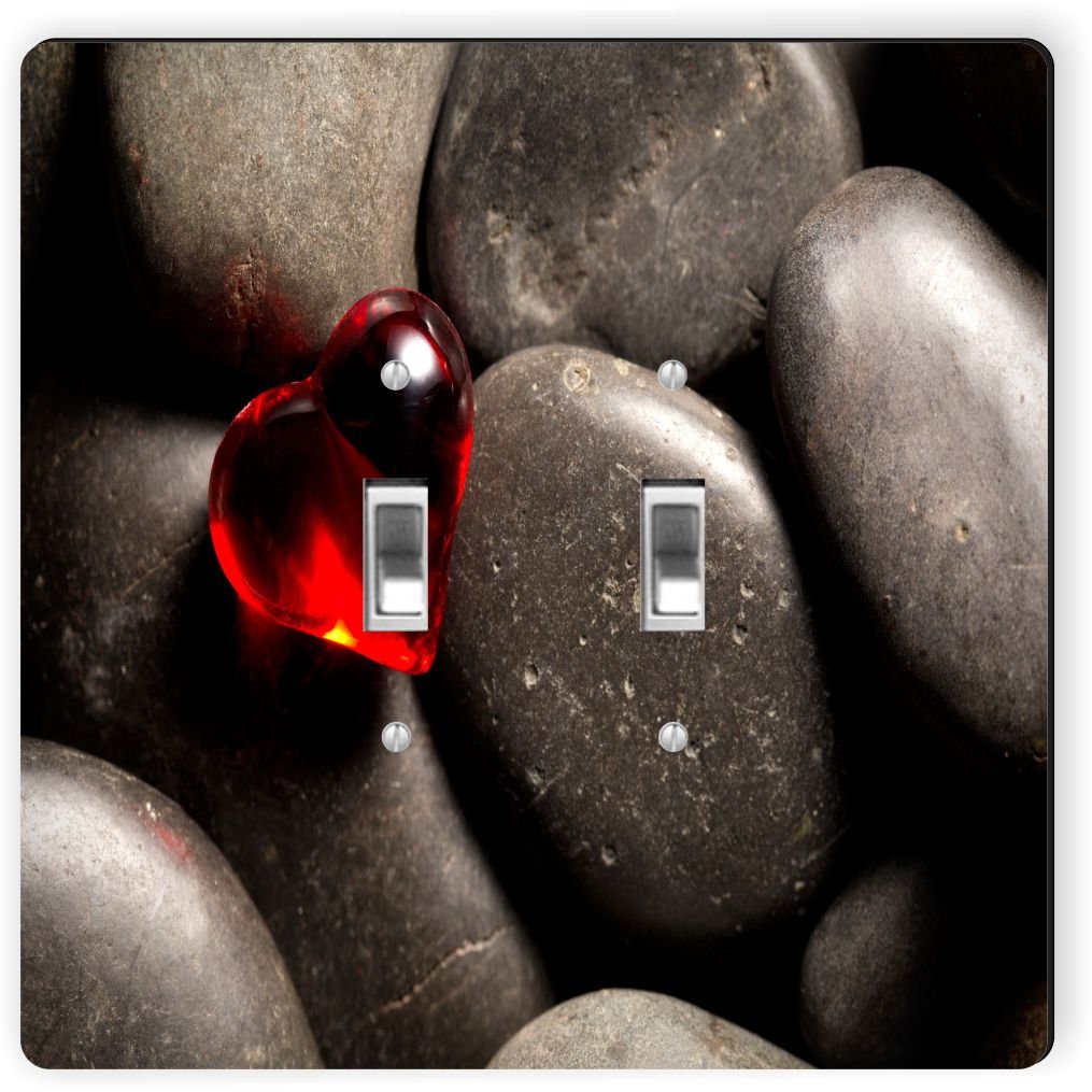 Plaque d'interrupteur double verre galets rouge motif cœur déco murale