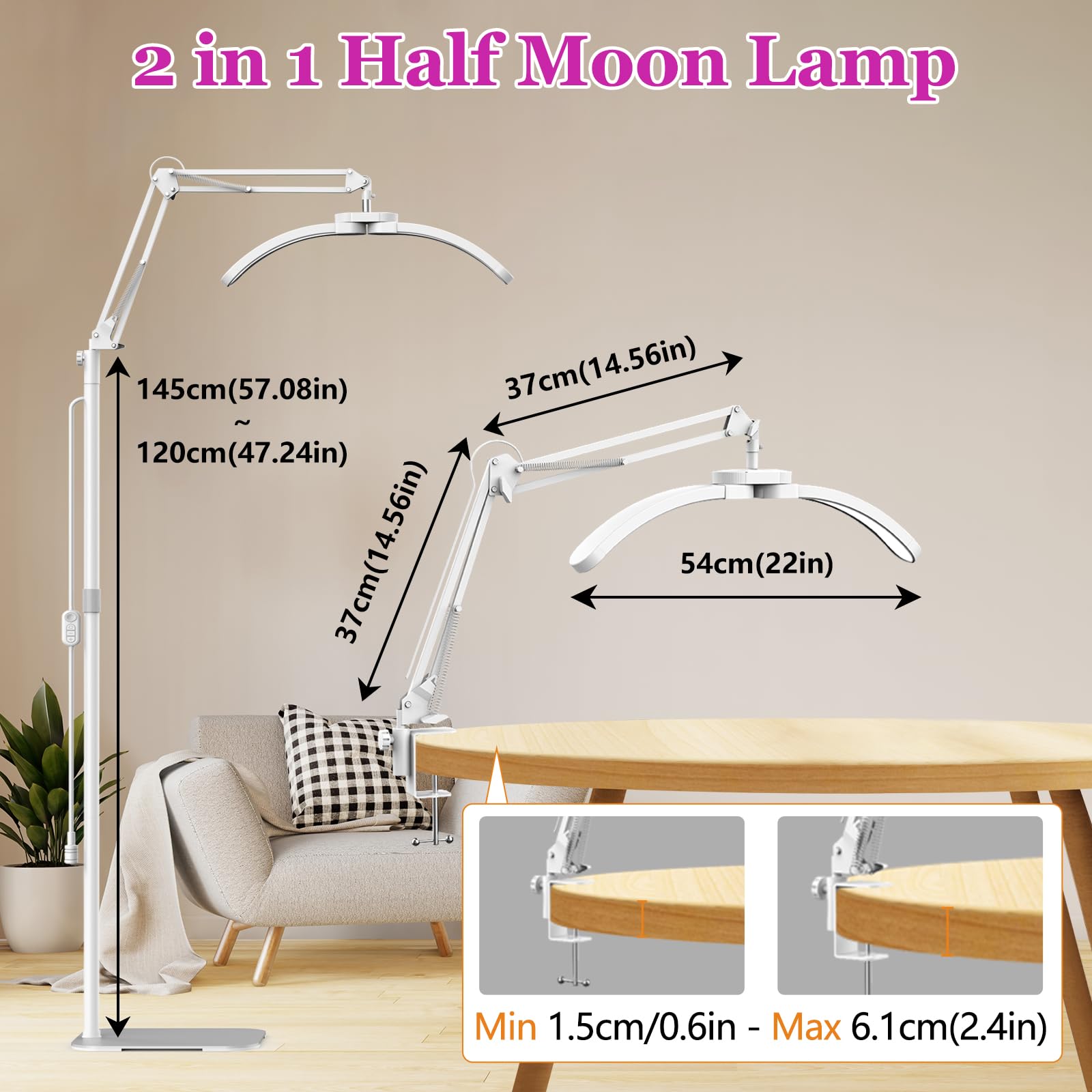 Lampe Extension de Cils Lampadaire LED, 2 in 1 Pliable Lampe Demi Lune avec Clips de Table pour Ongles, Dimmable Lampes Esthetique Professionnel pour Tatouage, Maquilleurs - Blanc