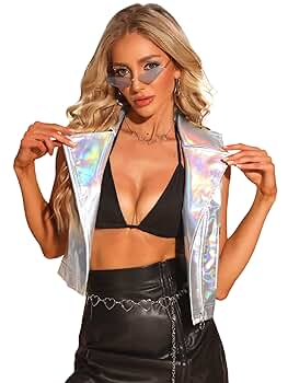 Allegra K Women's Metallic Faux Leather Vest Lapel Collar