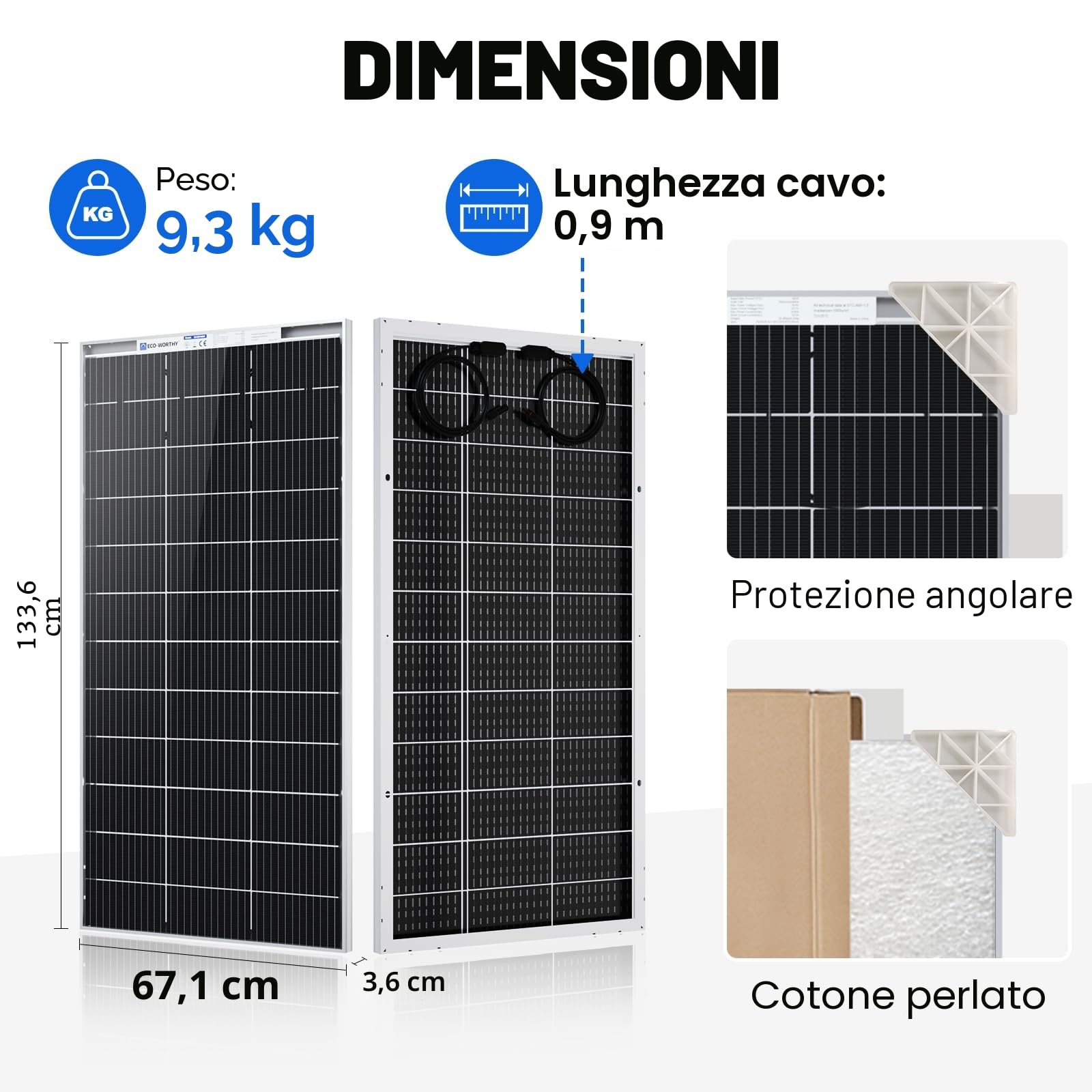 ECO-WORTHY Bifacciale Pannello Solare 195 Watt 12 Volt Monocristallino ad Alta Efficienza Modulo Fotovoltaico di Potenza per RV Marine Rooftop Farm Battery e Altre Applicazioni Off-Grid