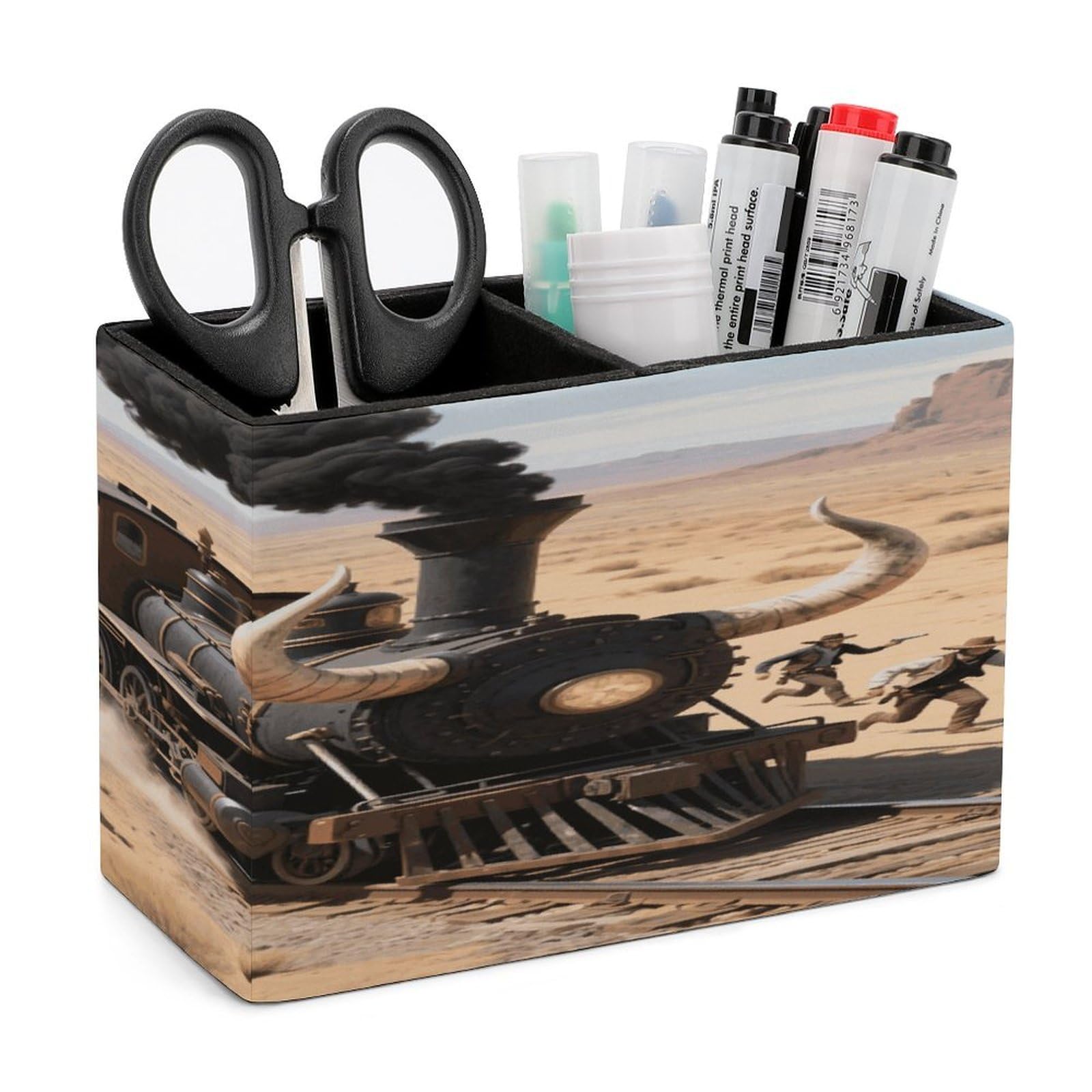 VstaDank Steam Train in The Desert Pencil Holder for Desk Organizer 2 Compartments Pen Cup Leather Square Pen Holder Pencil Cup Stand Makeup Brush Holders for Desktop Organizer Storage Case
