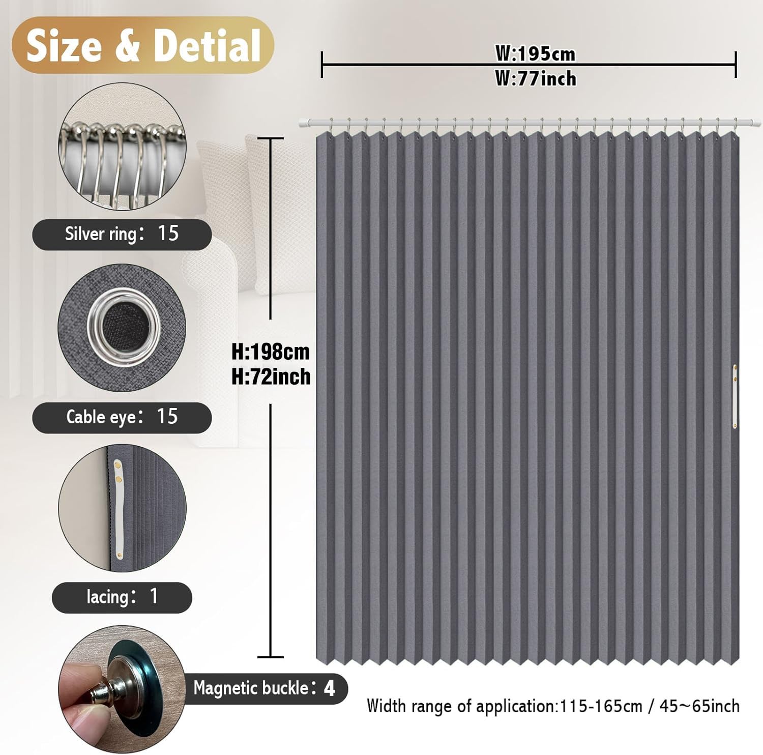 AJAZZ, Tenda da doccia pieghevole magnetica, tessuto in poliestere, gancio per tenda da doccia, impermeabile, adatta per famiglia, hotel, famiglia (grigio, 195,6 x 182,9 cm L) 1 pannello