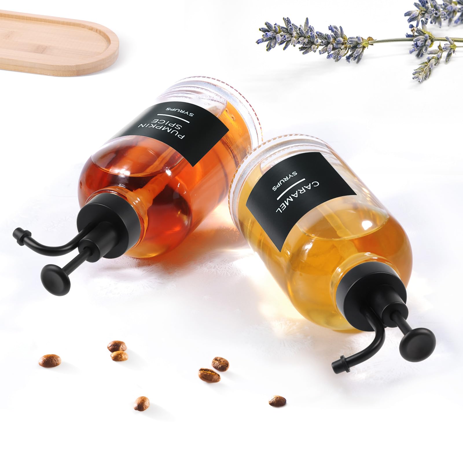 Kaffeesirupspender für Kaffeebar, 2 Stück, einfache Glas-Sirupflasche mit Pumpe und Etiketten, 500 ml Sirup-Pumpspender, Sirupspender, Schwarz