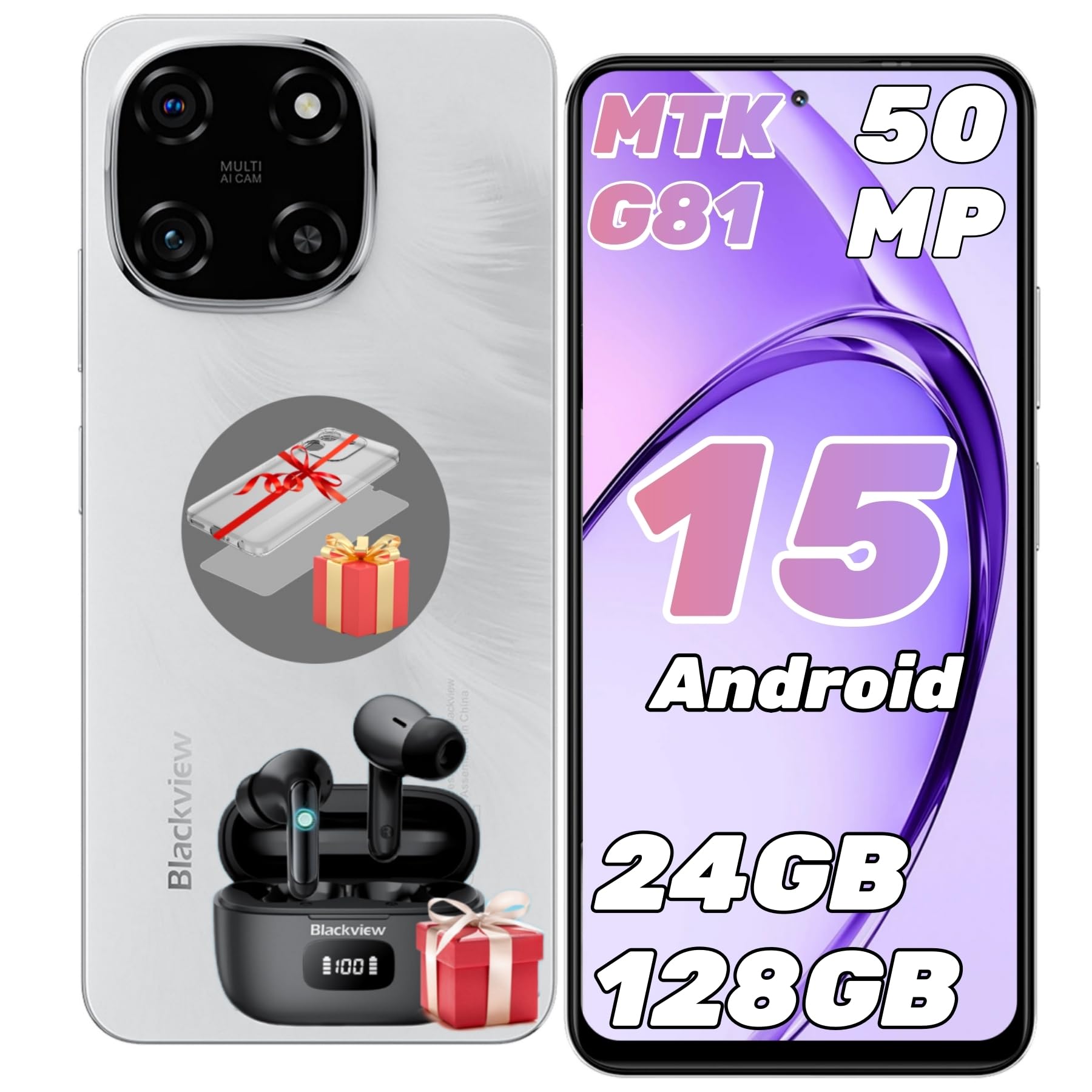 Blackview Color 6 Smartphone Android 15, 24(8+16) GB+128GB/2TB, Octa-Core, 6.67" 90 Hz, 50MP+13MP, Telefono 2025, 5000 mAh 18W, Cellulare Doppia SIM/OTG/Face ID/Fingerprint/Jack per Cuffie da 3,5 mm