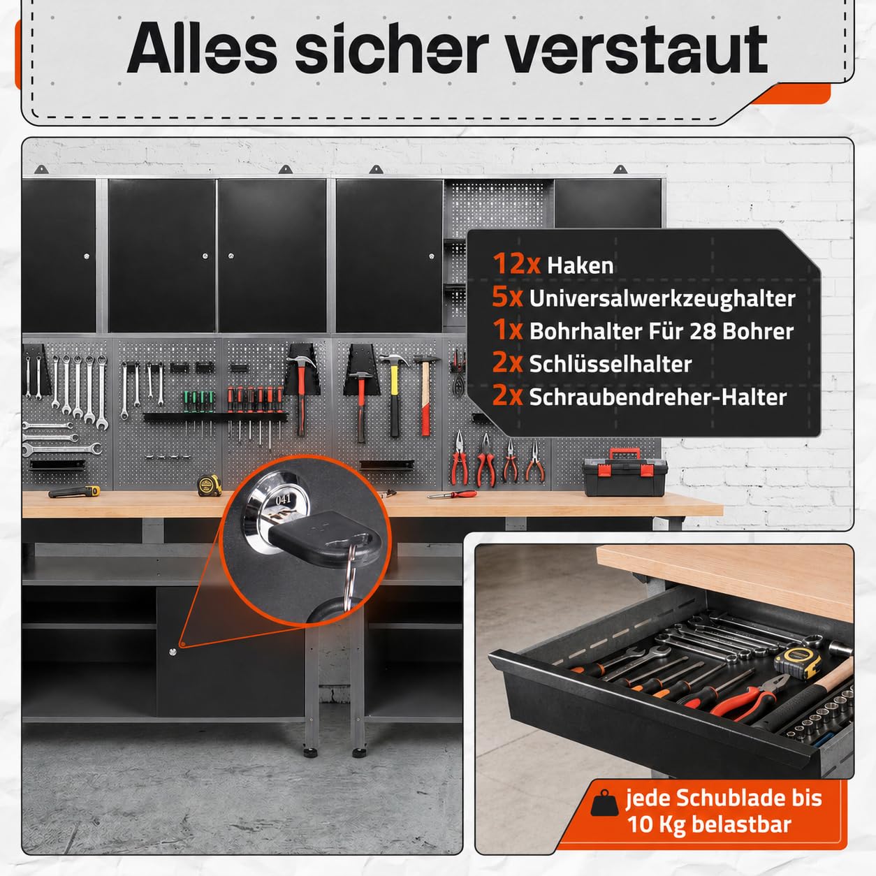 Ondis24 Werkstatteinrichtung Werkstatt Set Werkbank Fritz Hängeschrank Werkzeugwand Metall Schwarz Grau (Hängeschrank Ben & Tim, 240 cm), Buchenholzarbeitsplatte