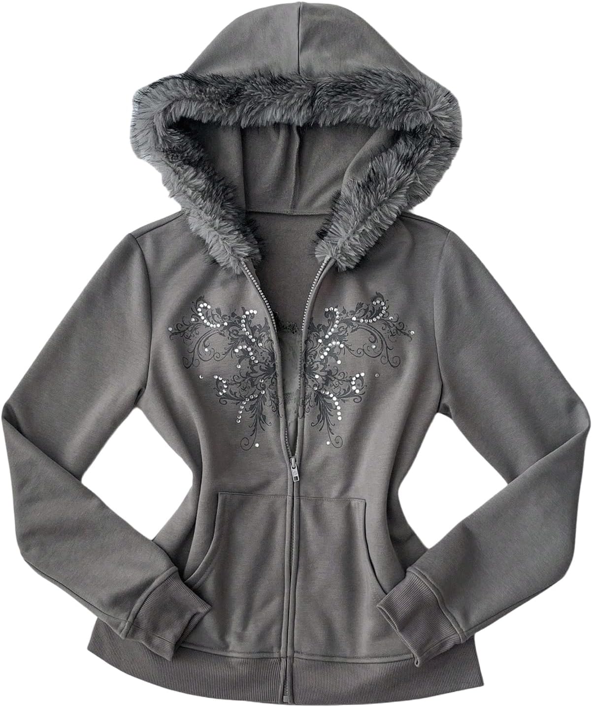 Verdusa Women's Goth Rhinestone Zip Up Hoodie Faux Fur Fuzzy Sweatshirts Fall Jacket with Pockets