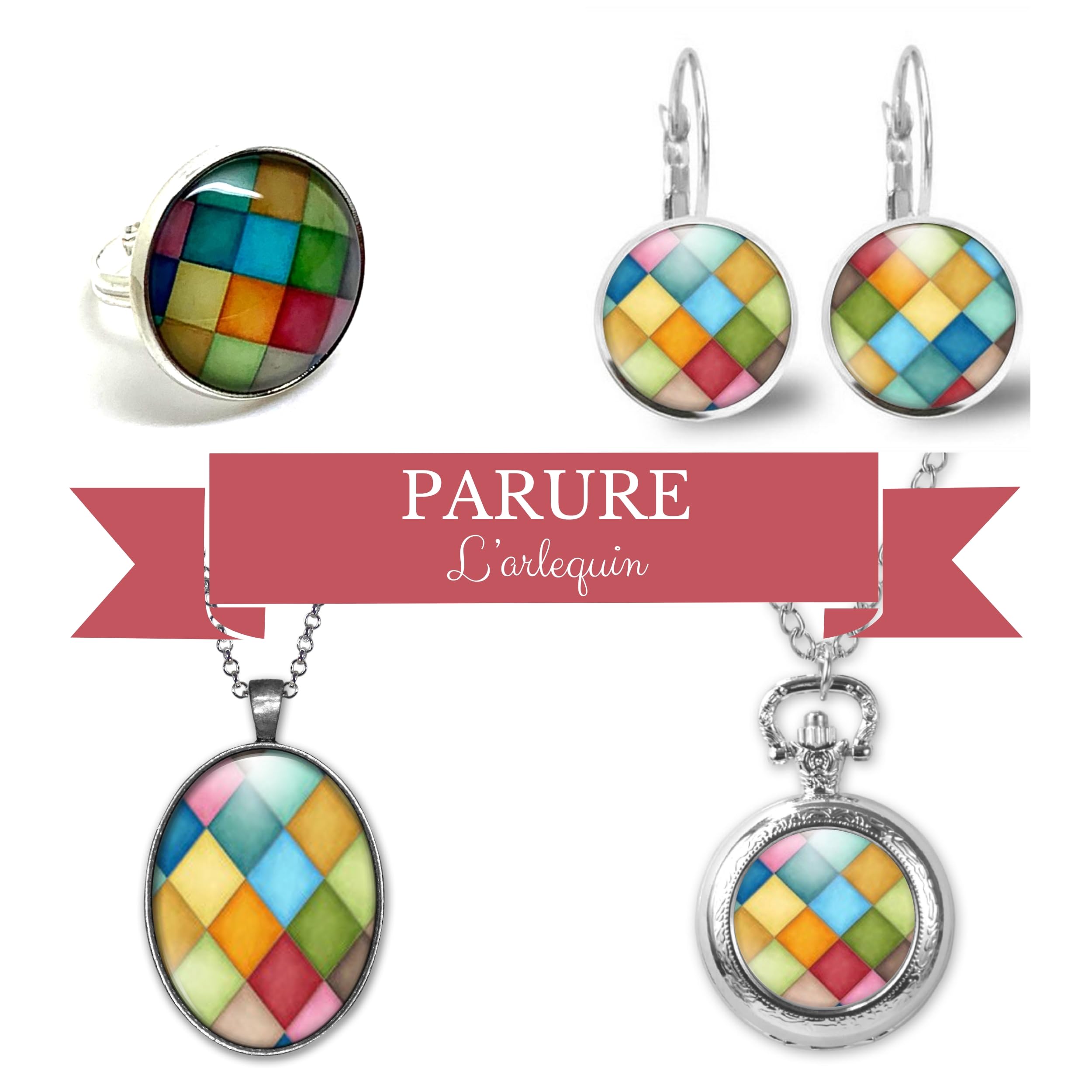 Parure « l'arlequin », motifs, losanges, formes géométriques, multicolore (ref.5a)