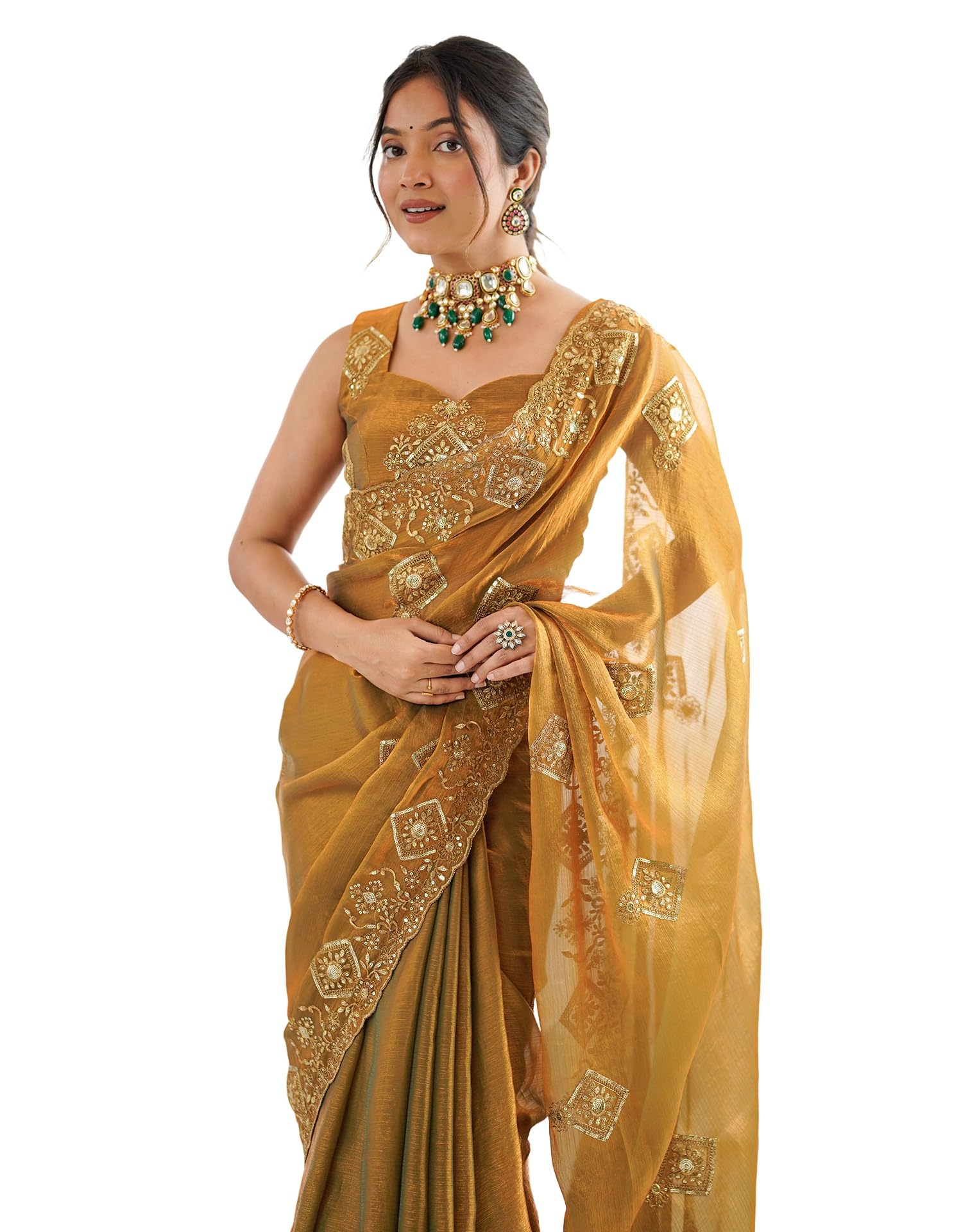 satrani Women's Shimmer Chiffon Scalloped Border Sequins Embroidery Saree with Unstitched Blouse Piece-picture-35