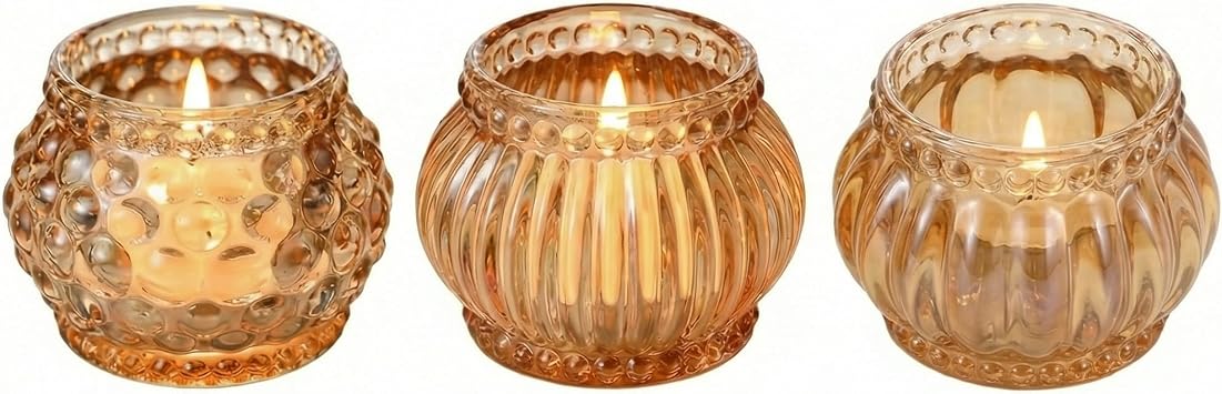 Olrla Amber Glass Tealight Holders, Set of 3 Shapes 6.5 x 5 x 4 cm   Small Pumpkin & Lantern Style Candle Holders, Elegant Home Decor, Festive Table Centrepiece