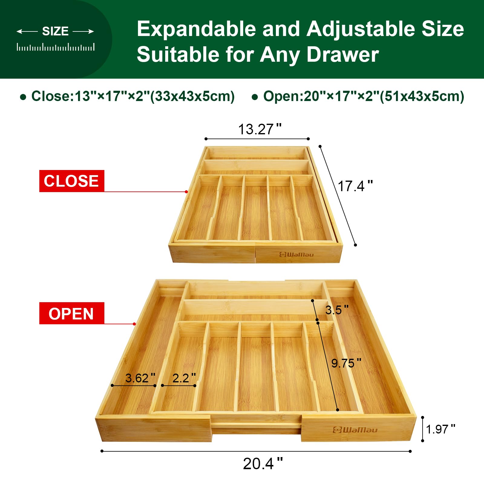 WaMau Expandable Drawer Organizer for Silverware Flatware Knives, Kitchen Utensil Organizer, Utensil Holder, Bamboo Wood Cutlery Tray in Drawer for Spoons Forks