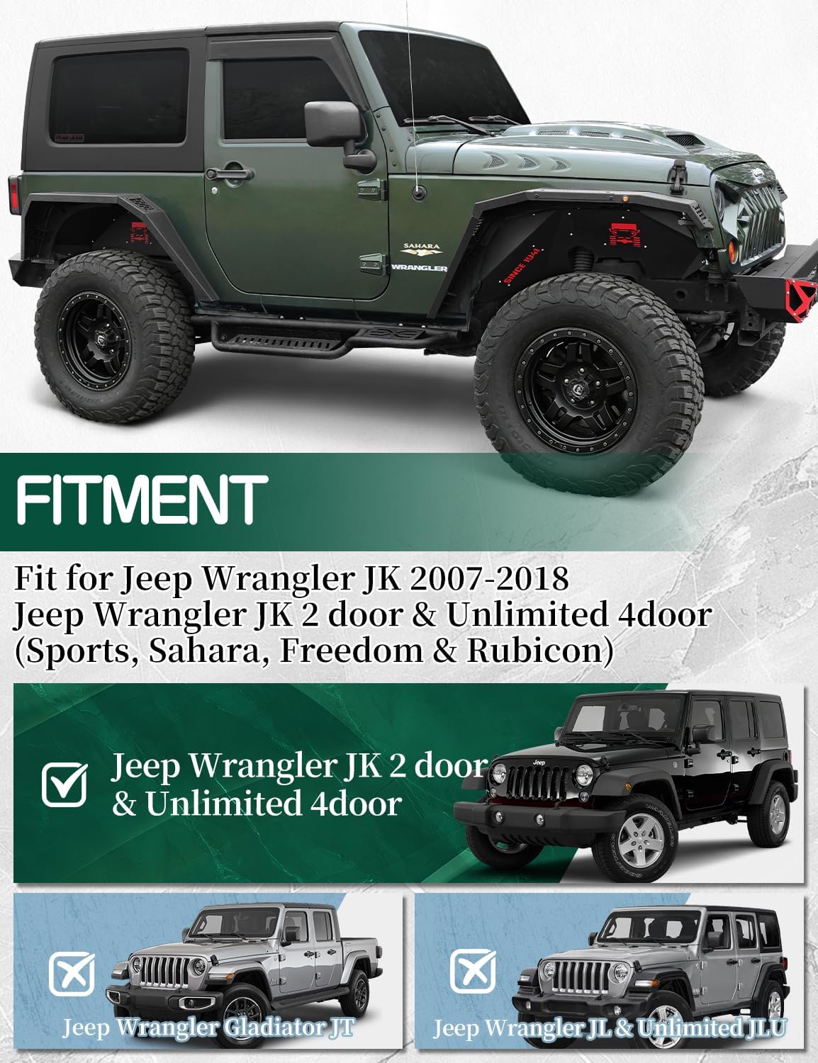 JROAD Inner Fender Front Fender Liners Compatible with Jeep Wrangler JK JKU Aluminum,with 4 LED Lights for 2007-2018 Wrangler Accessories JK JKU Sport Sahara Rubicon 2/4 Doors