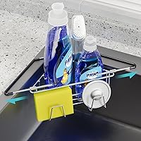 NiHome Extendable Stainless Steel Sink Corner Caddy - Adjustable to 15.7" Rust-Resistant Sponge Holder, Easy No-Tool Install for Brushes & Soap (Silver)