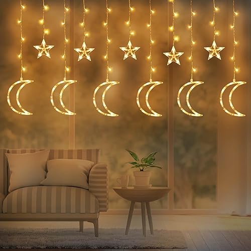 Miniatura 8 de Windpnn 138 luces LED de cortina de estrellas y luna para decoraciones de Ramadán, luces de hadas Eid Mubarak alimentadas por USB para interiores,