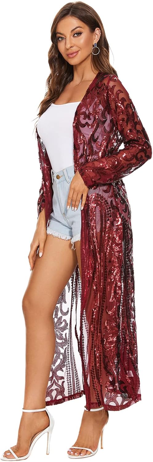 Women's Glitter Sequin Cardigan Long Sleeve Sparkle Duster Evening Party Cover Up Open Front Coat