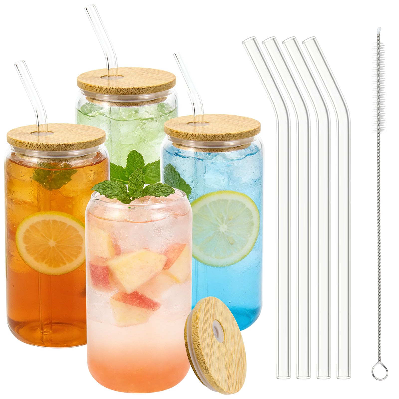 Mjuthy 4er Set Glas mit Deckel und Strohhalm, 500 ml Matcha & Eiskaffee Gläser mit Deckel, für Latte Macchiato, Cocktails, Eiskaffee, Smoothie, Whiskey, Saft, Bier,Bubble Tea und mehr