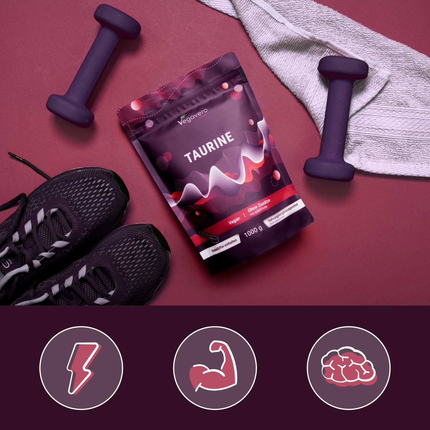 Taurina in Polvere | 1 Kg | 3000 mg per Dose Giornaliera | Integratori Sport Pre e Post Workout | Energizzante Altamente Dosato | Vegan | Senza Additivi | Vegavero®