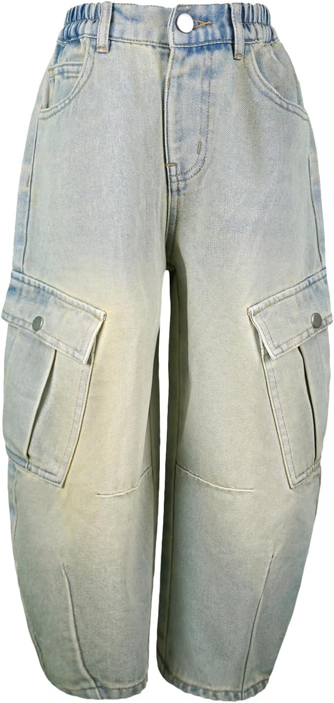 Boys Baggy Jeans Barrel Y2k Street Denim Cargo Pants, Loose Fit Elastic Waist Multi-Pockets Kids Size 8-12 - Image 4