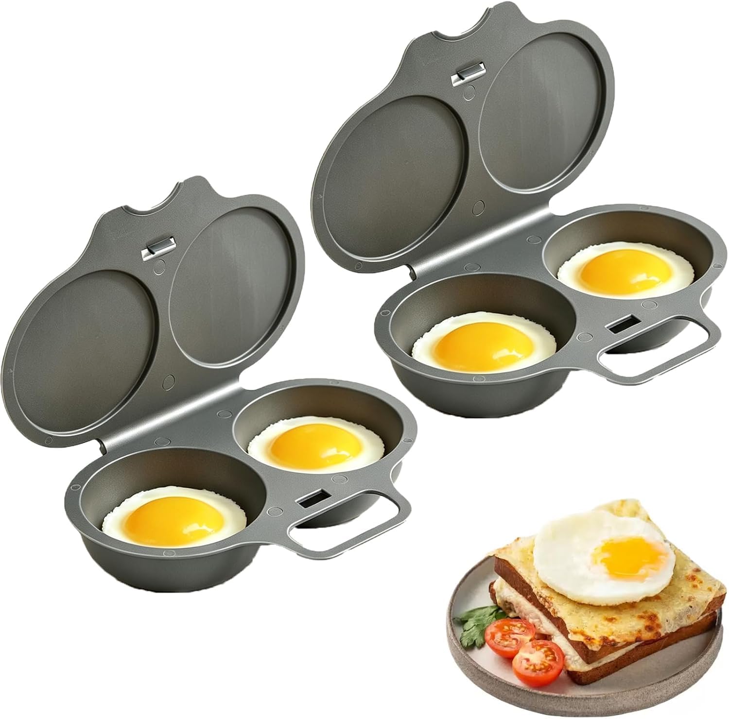 2PCS Dual Cavity Microwave Egg Poacher With Lid & Handle (Dark Gray*2)