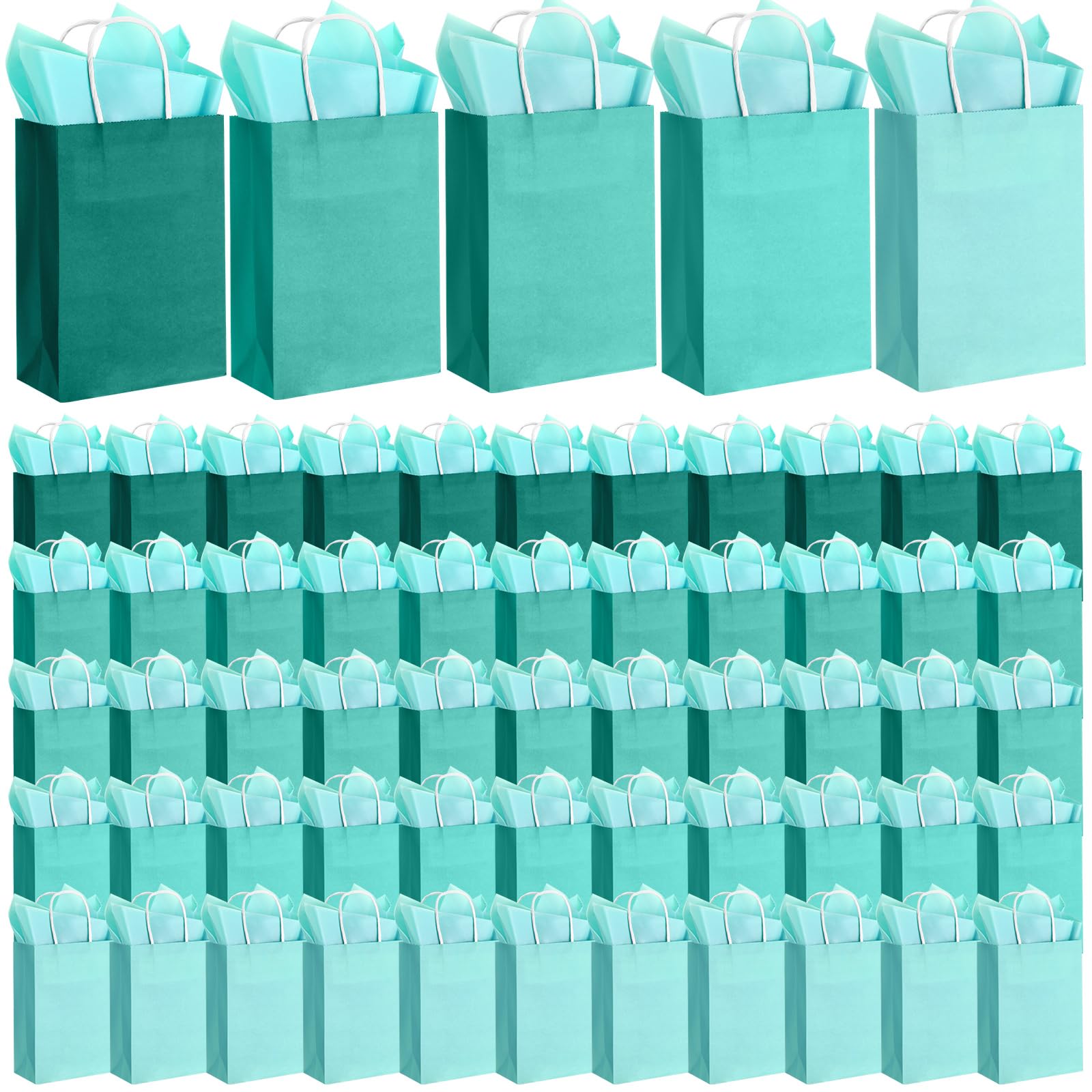 Kolldenn 50 Set Teal Blue Gift Bags with Tissue Paper 8.27 x 5.91 x 3.15 Inch Small Paper Bags with Handles Thank You Gift for Baby Shower Bridal Shower Wedding Party Favors Goodies