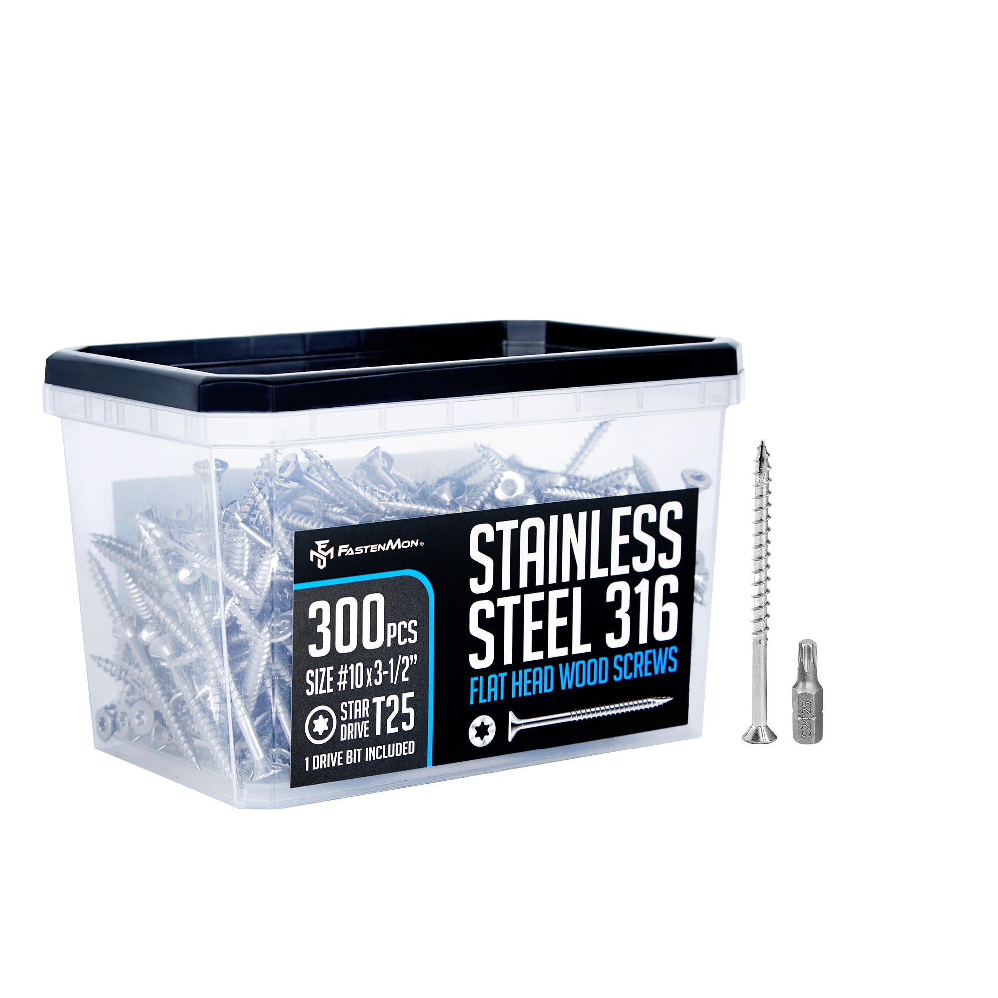 Photo 1 of FM FastenMon #10x3-1/2 Marine Grade 316 Stainless Steel Wood Screws, 300 PCS, Torx Flat Head T25, Type 17 Point, Ideal for Decks, Fences, Coastal Construction, Bulk Box
