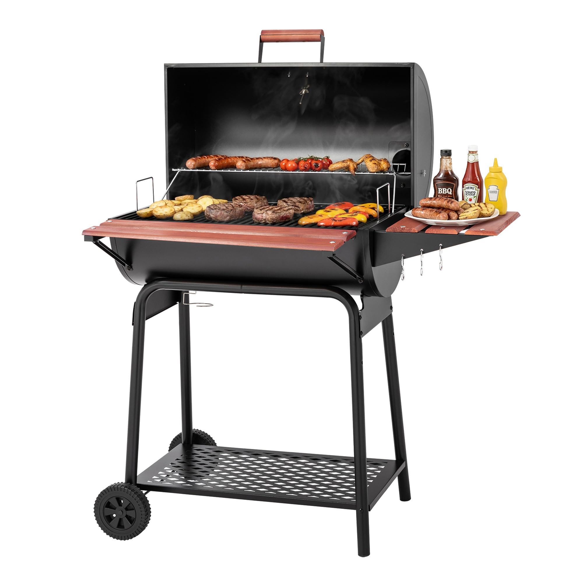 Royal Gourmet CC1830V grill na węgiel drzewny 30 beczek z malowanym drewnem stolikiem przednim, 1600 cm kwadratowych, miejsce do gotowania, na podwórko, patio i imprezy, czarny