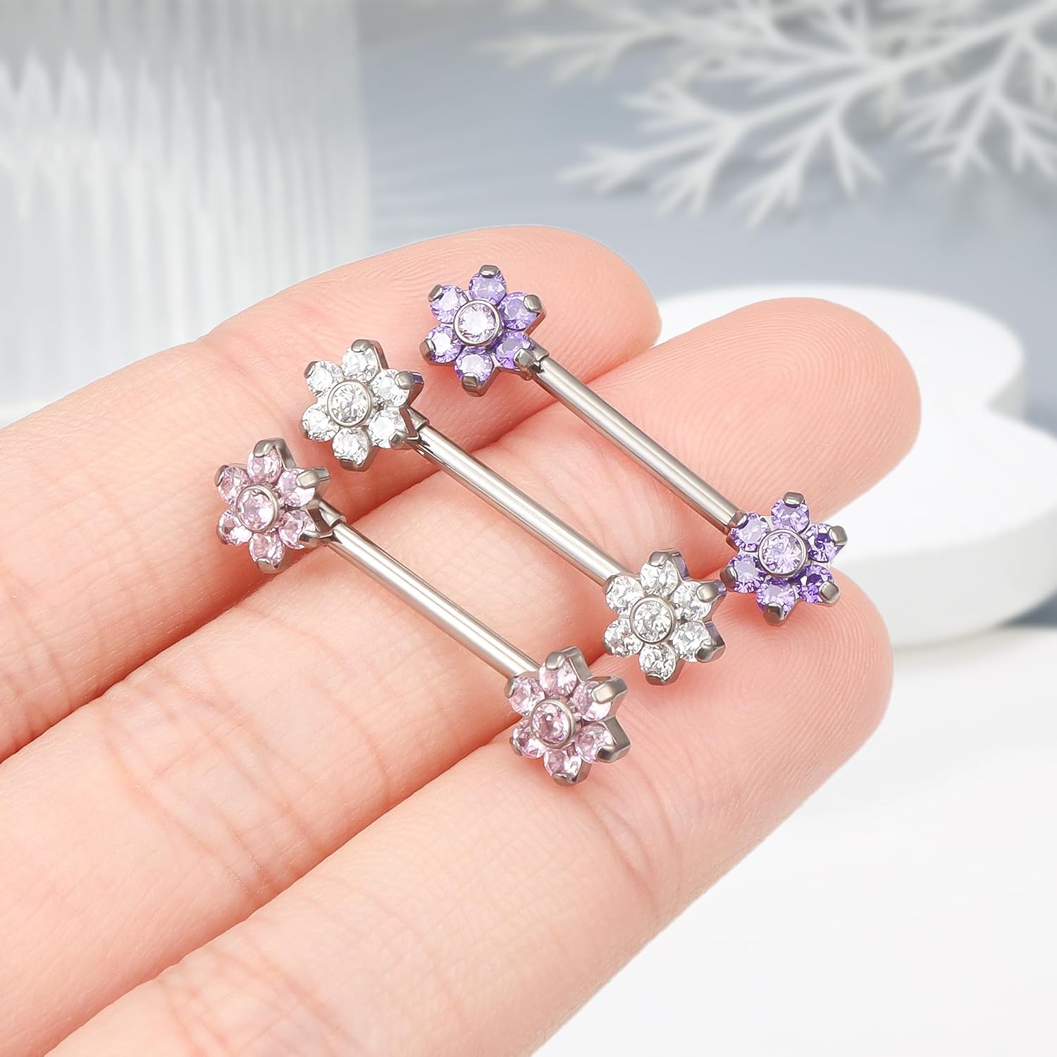 Ruifan Titanium Internally Threaded Nipple Piercing Jewelry Ring Seven CZ Opal Flower Tongue Rings Straight Barbell Body Piercing Jewelry for Women Men 14G 14MM With Straight Piercing Taper - Image 4