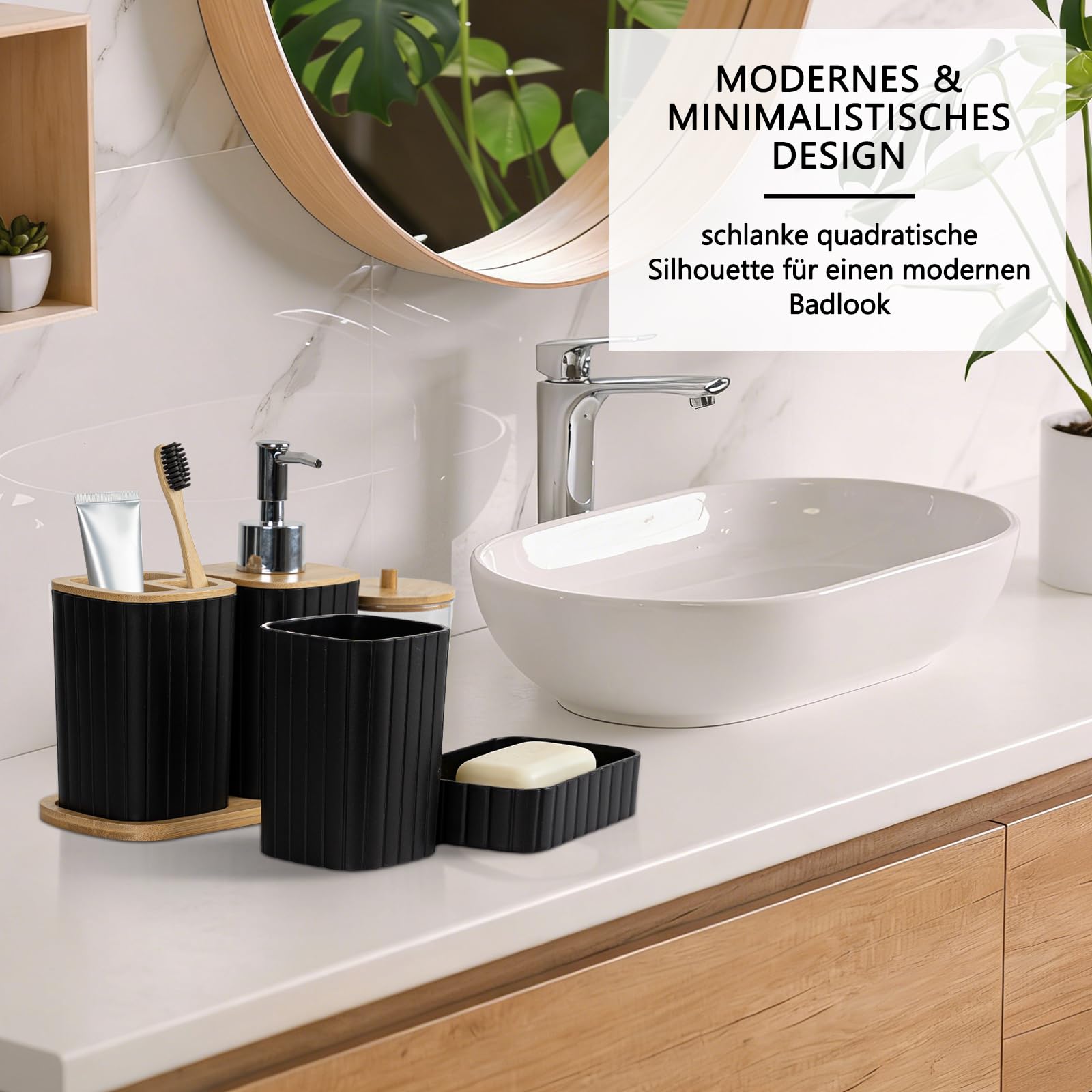 Capslpad Badezimmer Set 9 Teiliges Modern Badgarnitur Badezimmer Zubehör Set: Baumwolltupferglas Mülleimer Lotionsseifenspender Toilettenbürsten und Halter Seifenschale Zahnputzbecher(Schwarz)