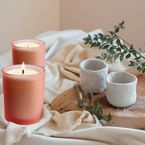 Miniatura 5 de SHOWIN Tarros de vela de vidrio de 10 onzas para hacer velas, 15 unidades, tarros de color rosa esmerilado con tapas de madera para tarros de