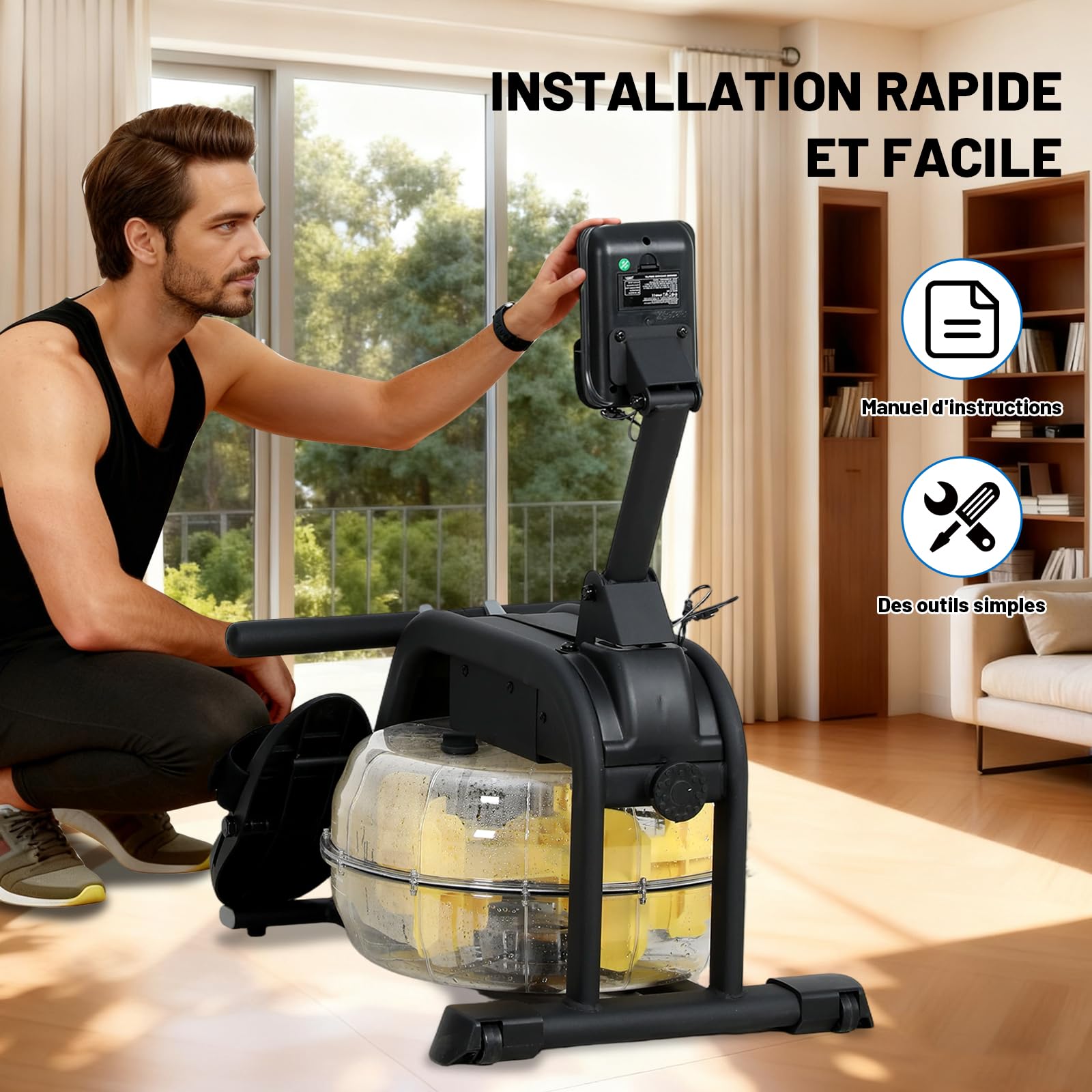 Rameur Eau d'Appartement Musculation avec Résistance Réglable, Multifonction Écran LCD, Support Tablette, Rameur a Eau Rails Lisses/Siège Confortable, Rameurs Ergonomie Capacité 135KG, Noir