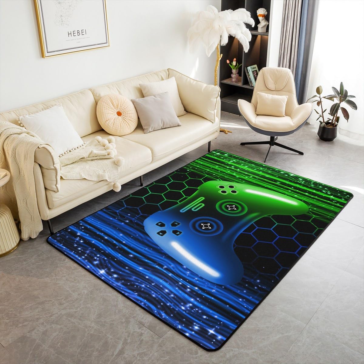 Erosebridal Gaming Area Rug 5x7 for Boys Girls Ombre Game Console Living Room Rugs for Kids Teens Bedroom Neon Lights Blue and Green Gamer Carpet Geometric Stripes Hexagon Indoor Floor Mat