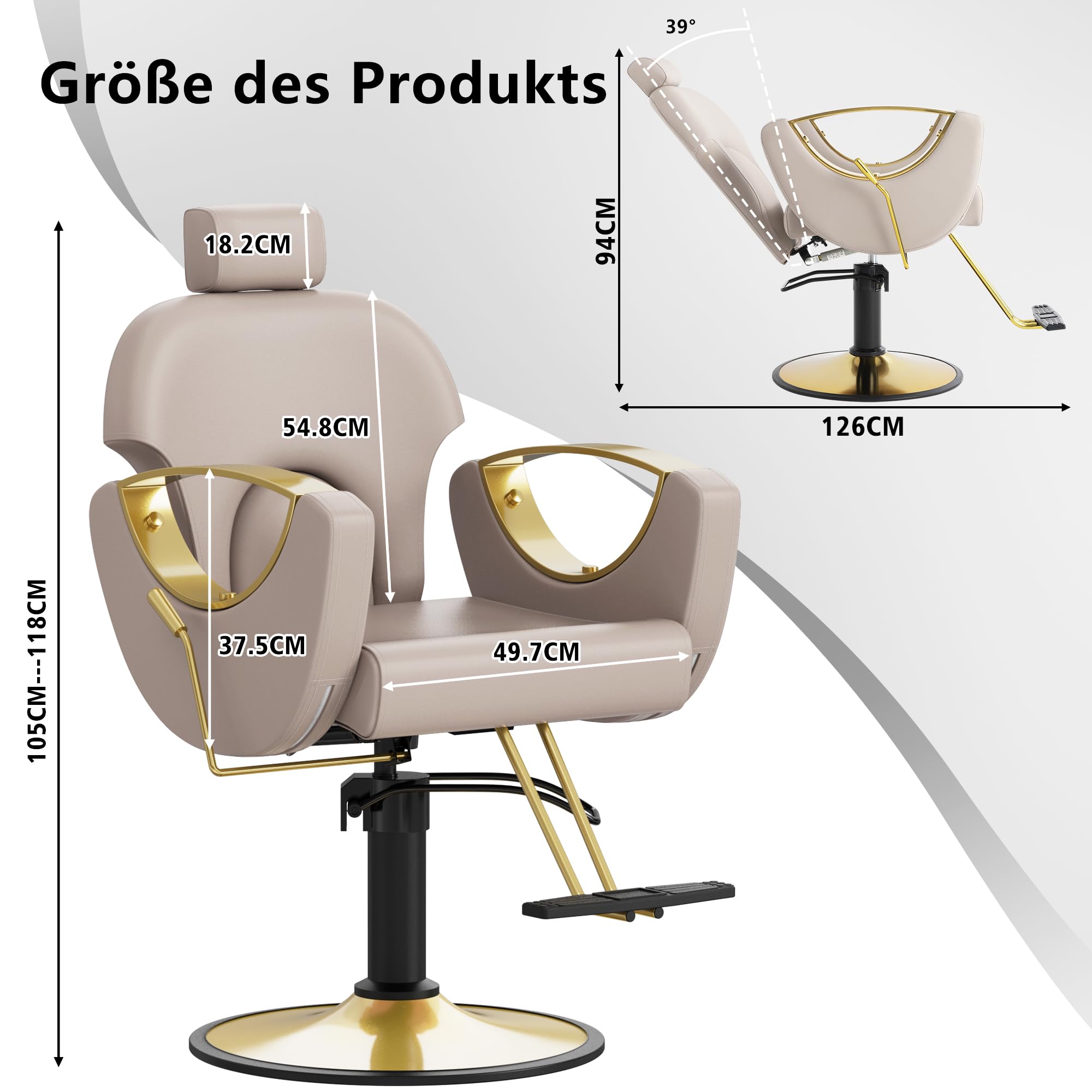 Friseurstuhl Hydraulisch Kippbar 360-Grad-Drehung Frisörstuhl Schönheitssalon Grau