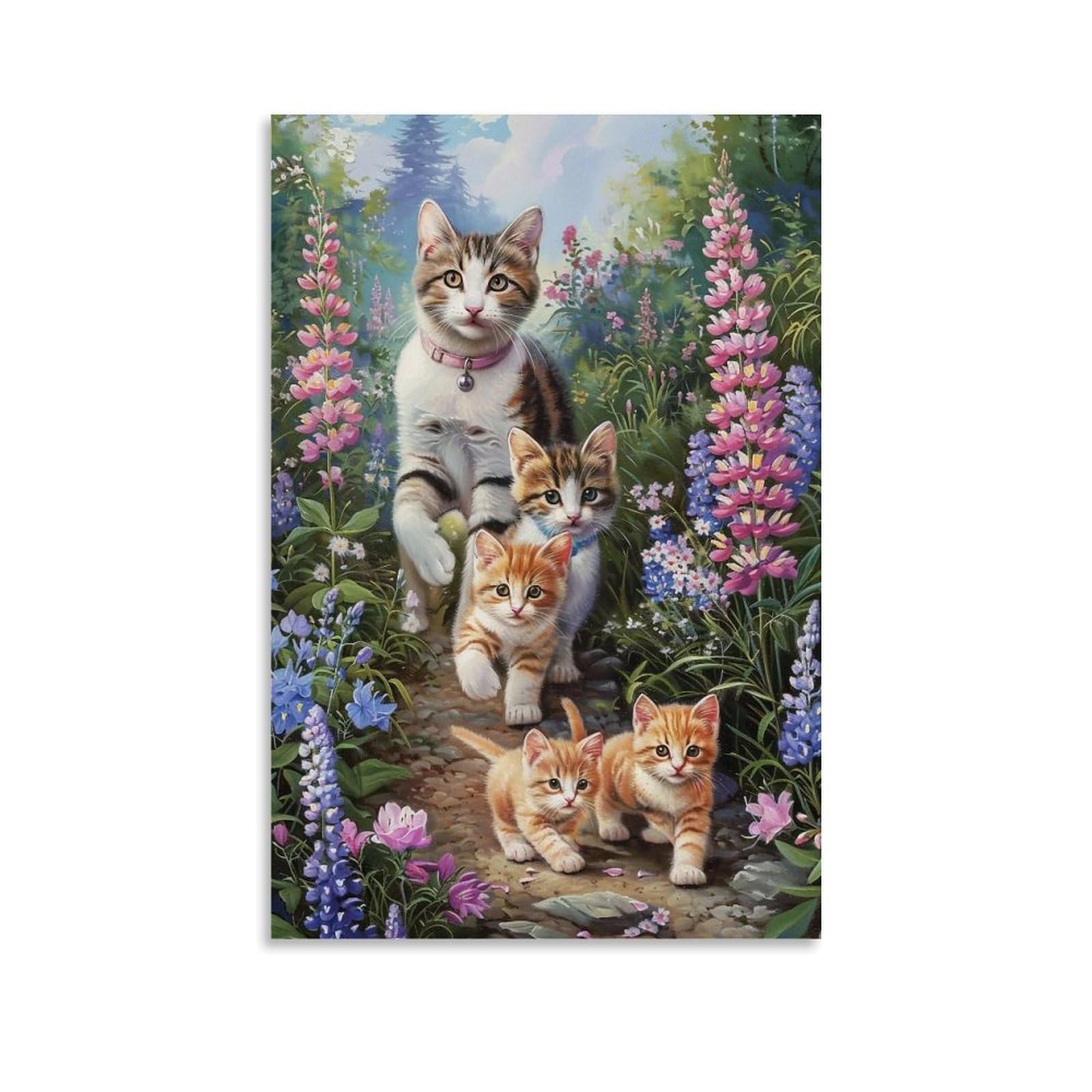 WHOUHJYE Forest Cat Family 01 Poster Wall Art Canvas Vintage Aesthetic Painting Decor for Rooms 24x36inch Unframe-style