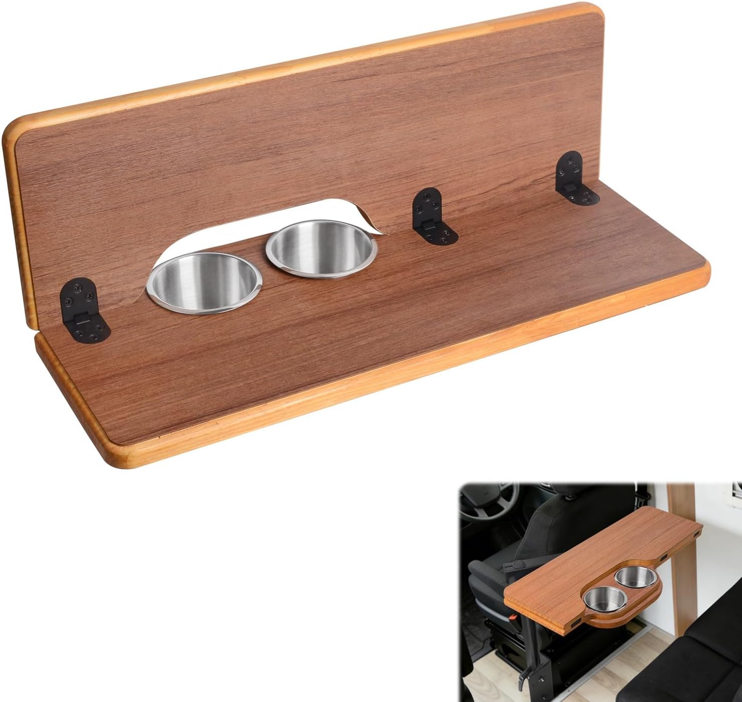 Small Camper Folding Table Board 55x35cm, Durable Espresso Wood Dinette Replacement Top with Cup Holders for Travel Trailer Caravan, Stable Narrow Workspace (Folds to 7")