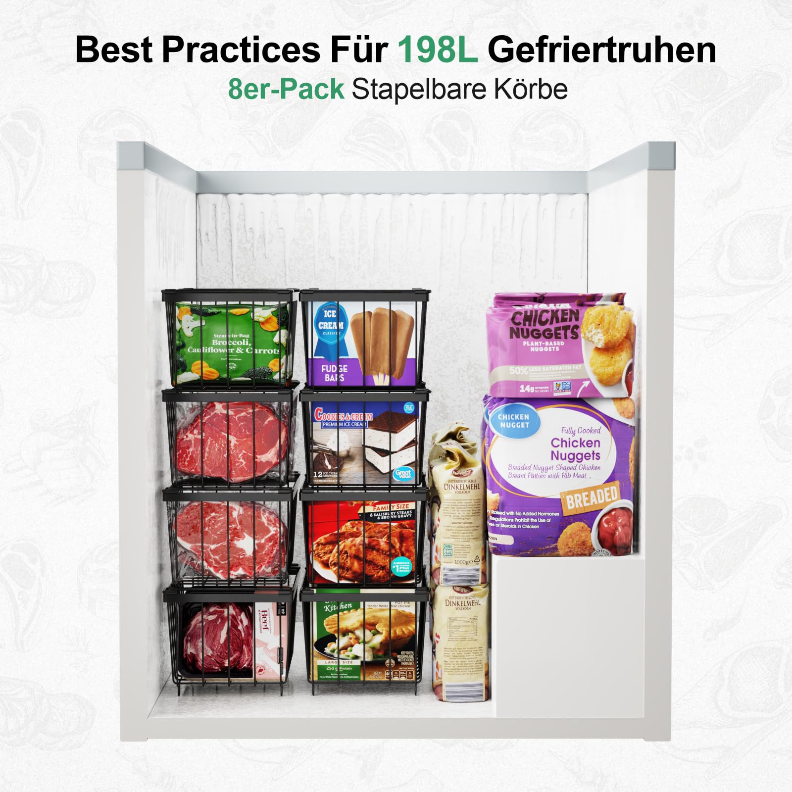 iSPECLE Gefrierkörbe – 4er Stapelbar Gefrierschrank Organizer für 198L Gefriertruhen Einfacher Zugriff auf Tiefkühlkost Platz Sparen Gefrierbehälter Mit Griffen Leicht zu Bewegen, Schwarz