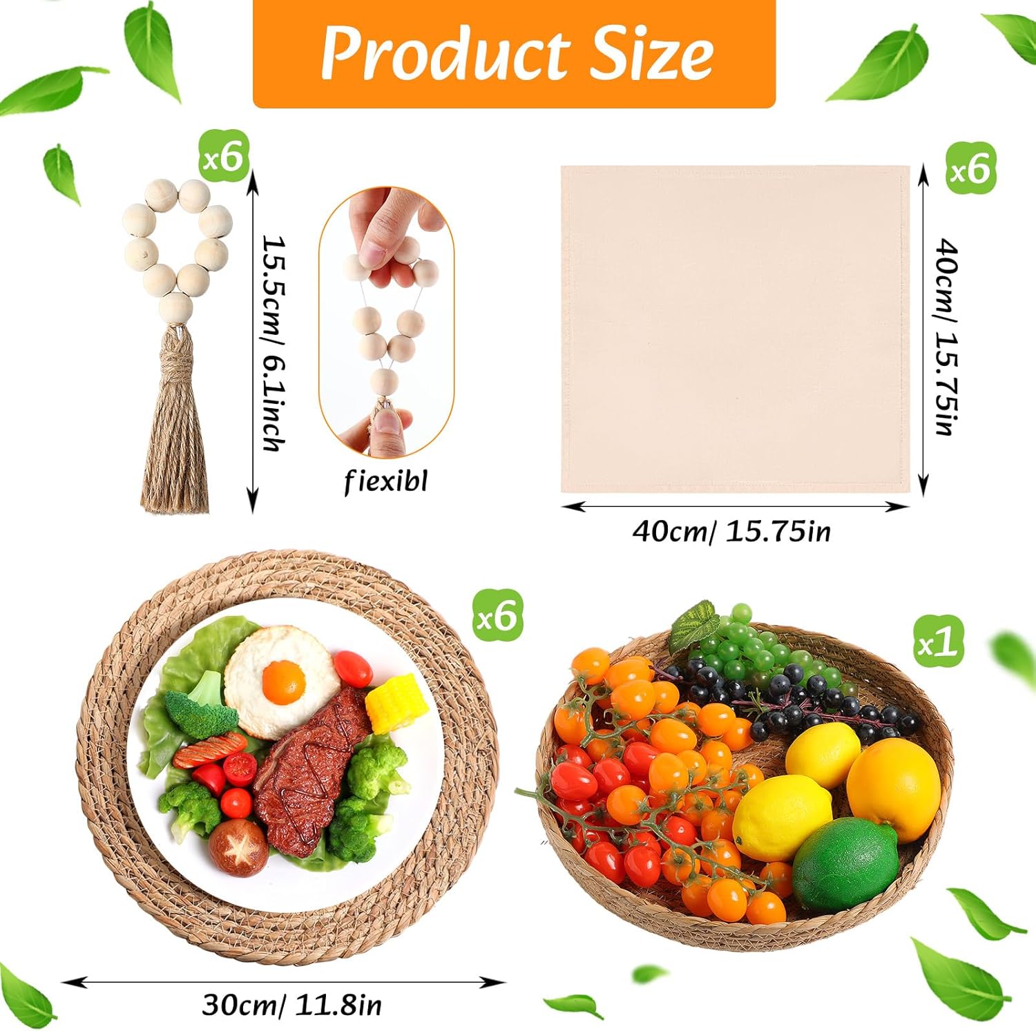 6 Sets Boho Kitchen Decoration Placemats Round Woven Placemats, Cloth Napkins, Wood Bead Napkin Rings, Long Table Runner and Farmhouse Burlap Cotton for Table(White)