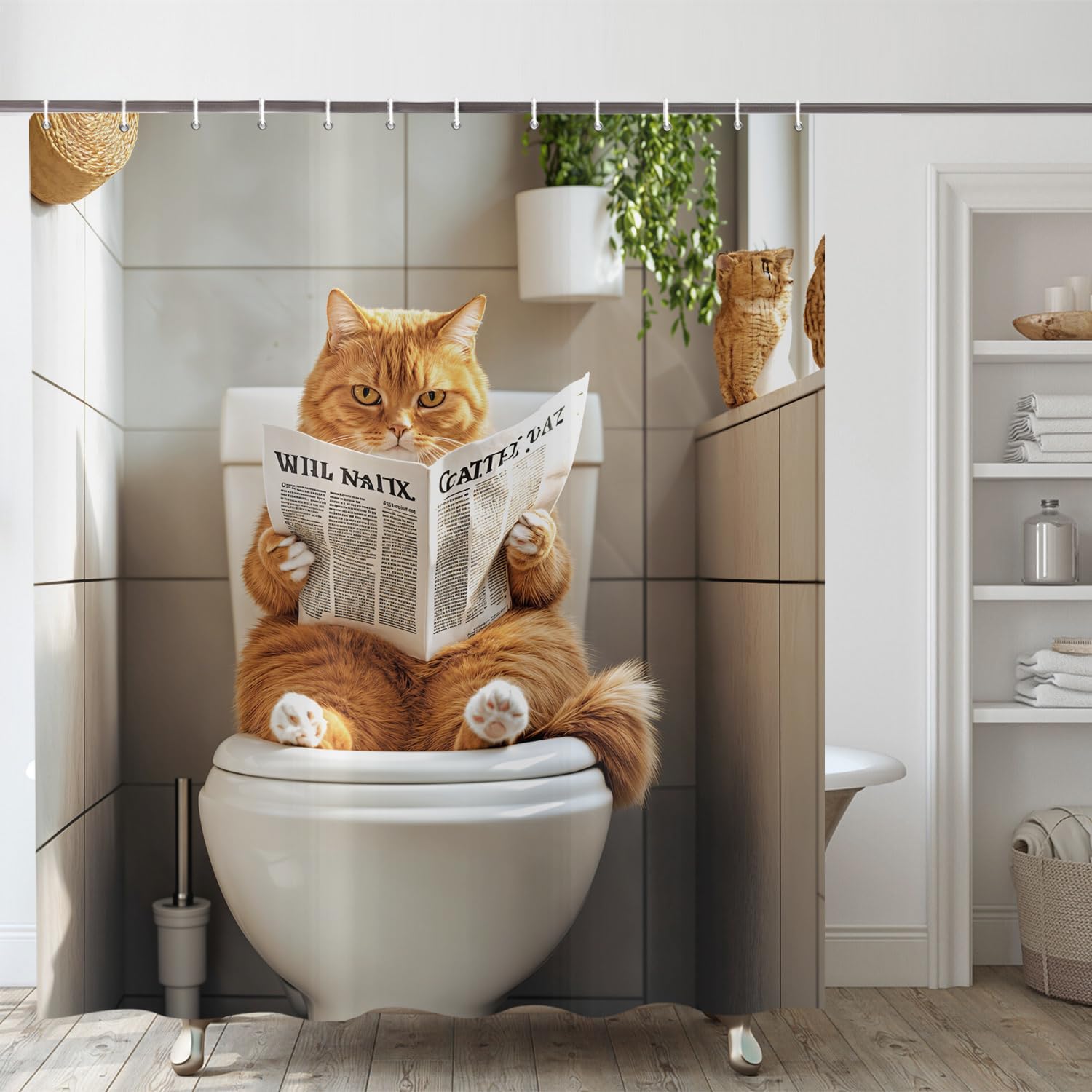 ASDCXZ Funny Cat Shower Curtain 150x180 cm, Cute Kitten Reading Newspaper Kids Bathroom Animal Hilarious Waterproof Bath Curtain Polyester Textile Washable Shower Curtains for Bathtub with 10 Hooks
