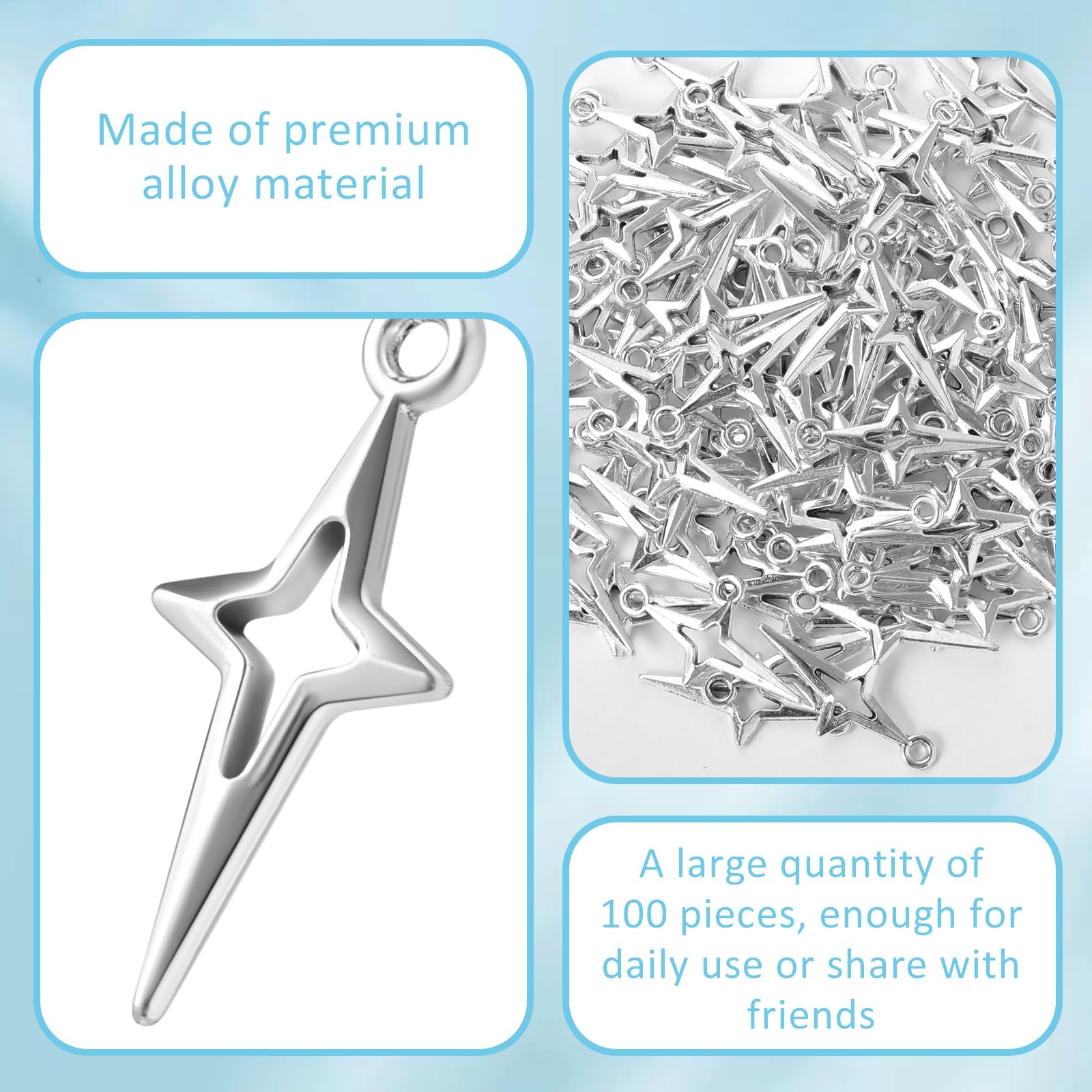 100 dijes de estrella plateada, dijes de estrella para hacer joyas, pequeños dijes de estrella hueca de metal de cuatro puntas para manualidades, pulseras, aretes, collares, colgantes 3