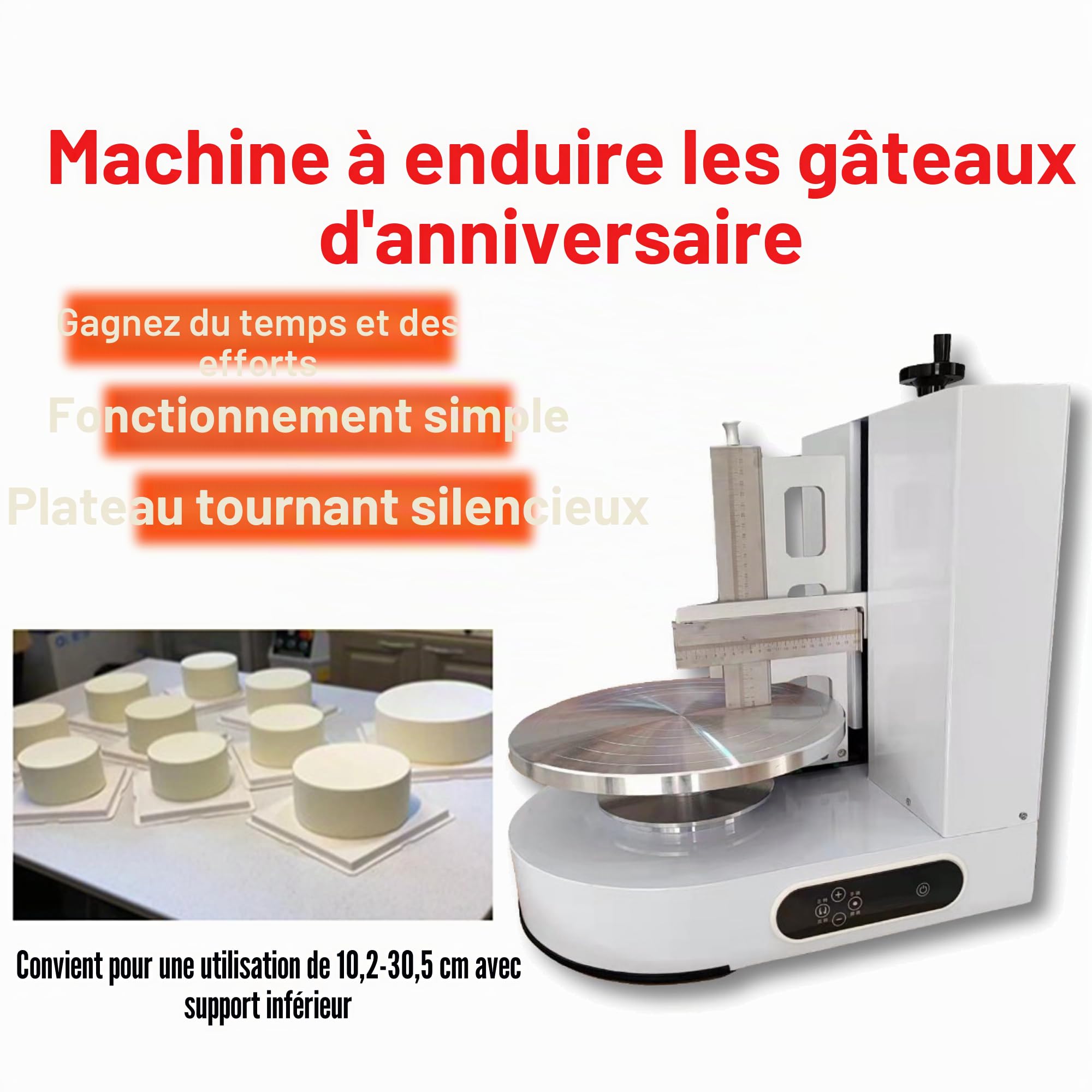 Machine automatique électrique pour étaler les gâteaux - Lisseur de glaçage en acier inoxydable avec plateau tournant à vitesse réglable pour gâteaux de 10-30 cm, outil professionnel pour décoration