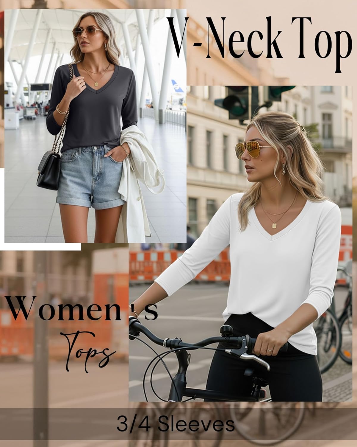 Ficerd 4 Pack Women's 3/4 Sleeve T Shirts, V Neck Casual Tunic Tops Loose Fit Cotton Basic Shirts Solid Color Fashion Tees - Image 4