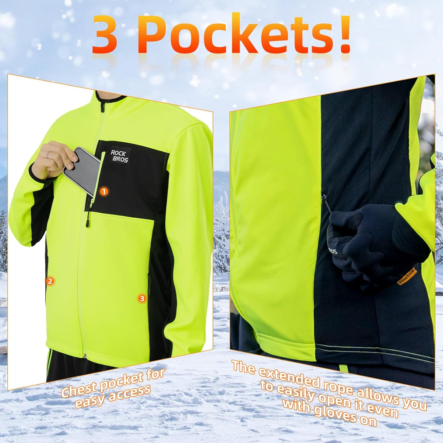 ROCKBROS Cycling Jackets for Men Winter Warm UP Thermal Bike Jackets Breathable Windproof with 3 Pockets - Image 6