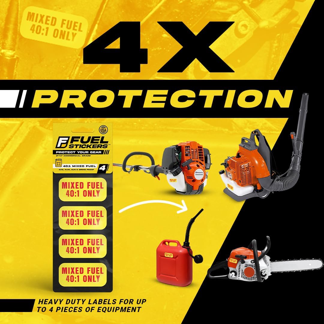 Mixed Fuel 40:1 Sticker, Gas Oil Mix Labels for Outdoor Fuel Power Equipment - Weather Proof, Extreme Stick, Commercial Grade Labels by Fuel Stickers - USA Made (2x1 inch), 20 Labels