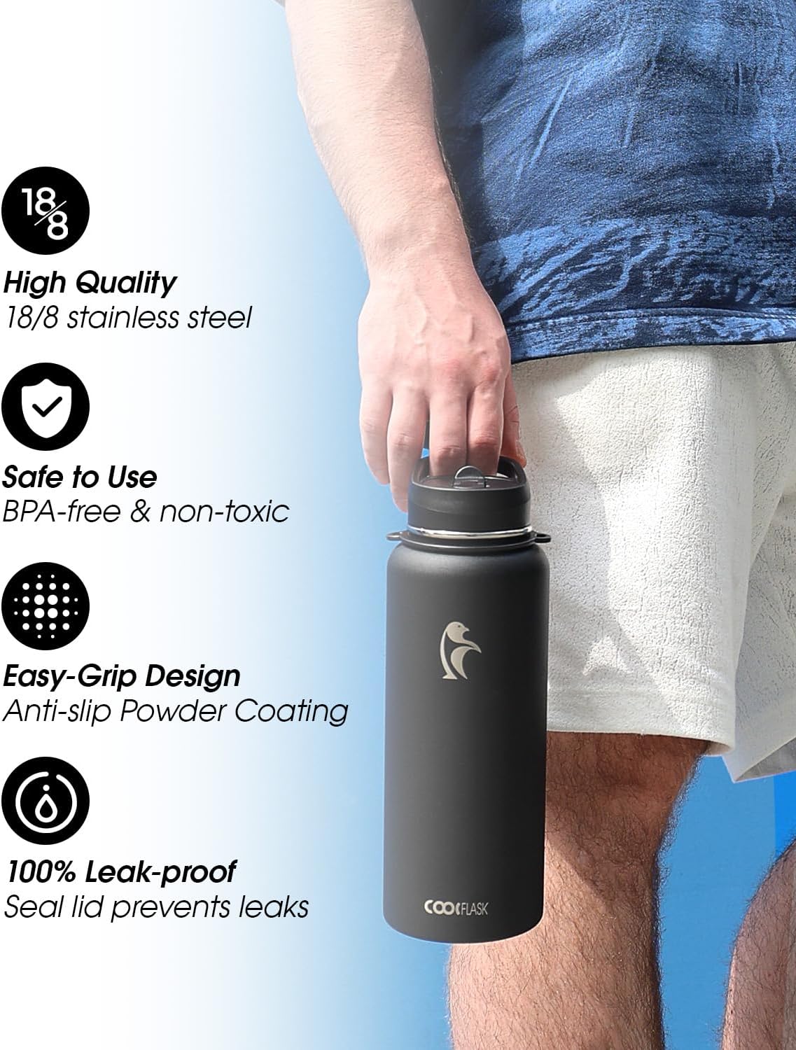 Coolflask 40 oz Water Bottle with Strap, Insulated Metal Water Flask with Straw & Spout Lids, Stainless Steel Double Wall Vacuum, Keep Cold 48h Hot 24h, Leak Proof & Non-BPA, Magic Black - Image 5