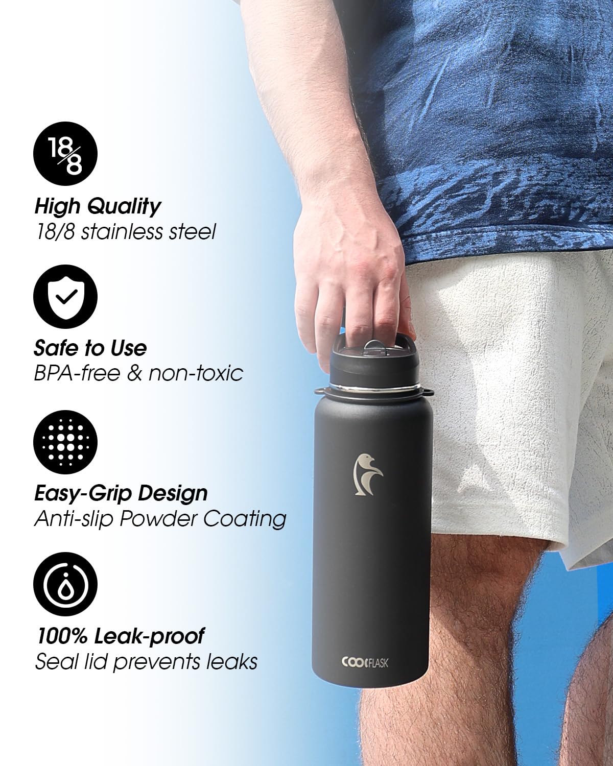 Coolflask - Borraccia da 1,1 l con cinghia, borraccia in metallo isolata con coperchi con cannuccia e beccuccio, acciaio inossidabile a doppia parete sotto vuoto, mantiene la bevanda fredda per 48 ore