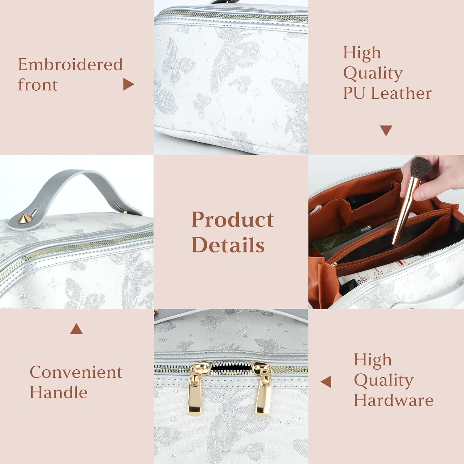 KEYPOWER 大容量コスメバッグ バタフライ柄 トラベルメイクバッグ ポータブルトイレタリーバッグ ハンドル付き 女性用, グレ