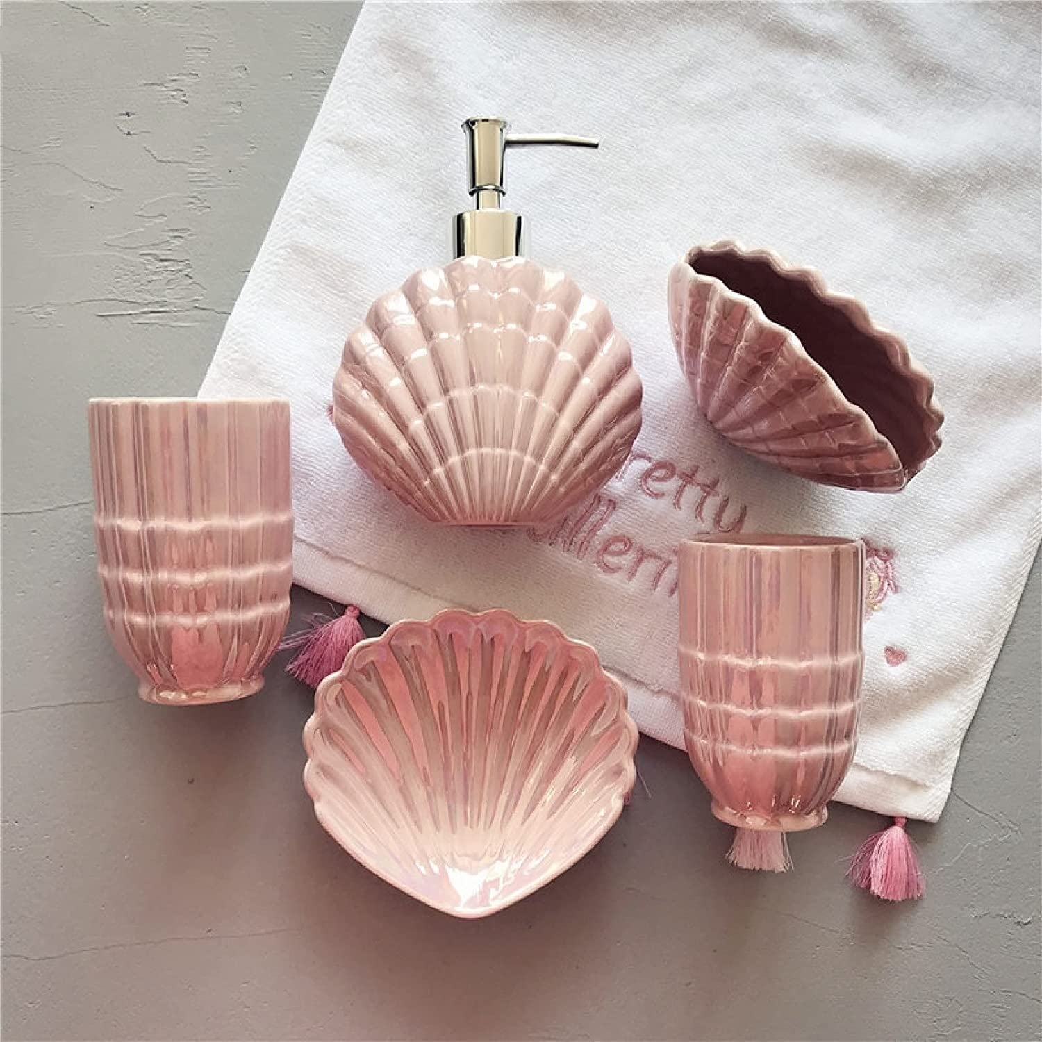 Badezimmer Set Seifenspender Set Shell Suit Keramik-Badezimmer-Set Home Hotel Wash Products Perlmutt-Badezubehör-Set Im Süßen Stil Deko Badezimmer (Color : Rosa, Size : 5pcs)