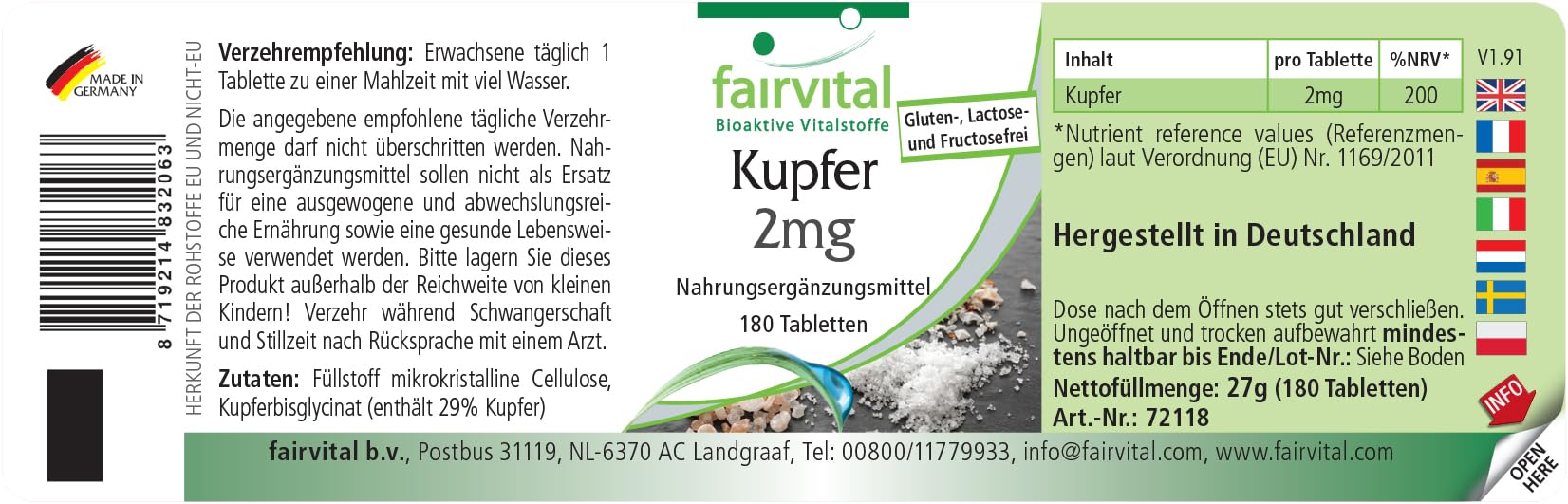 fairvital Rame 2 mg, 180 compresse, facili da deglutire, bisglicinato di rame, qualità testata e ad alto dosaggio, 100% vegano, Made in Germany