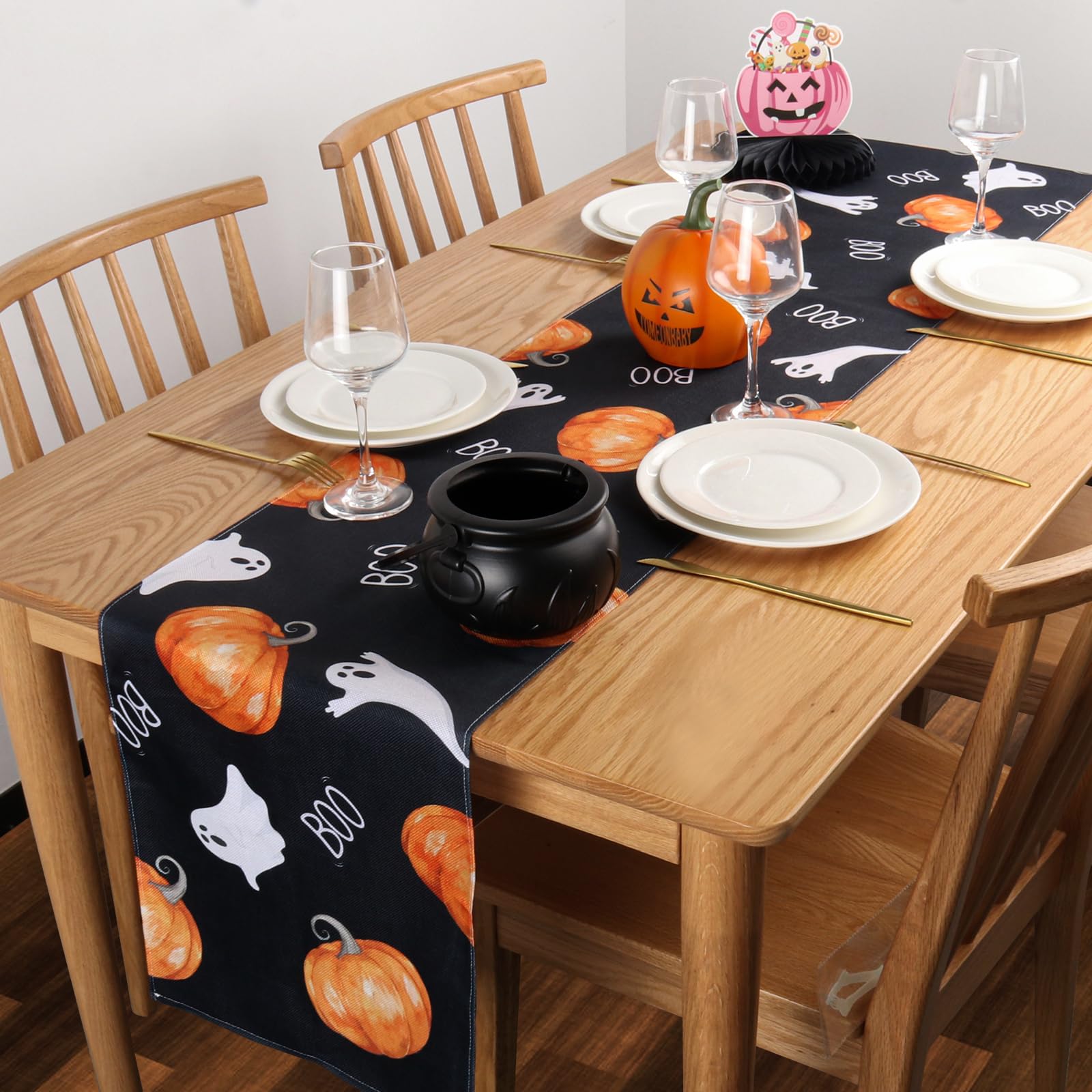 Halloween Pumpkin Ghost Table Runner - 13x72 Inch, Linen, For Dinner Party Decor