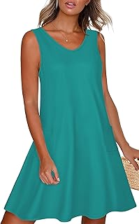 elescat Womens Summer Dresses Casual V Neck Sleeveless Pockets Beach Loose Tank Sundress