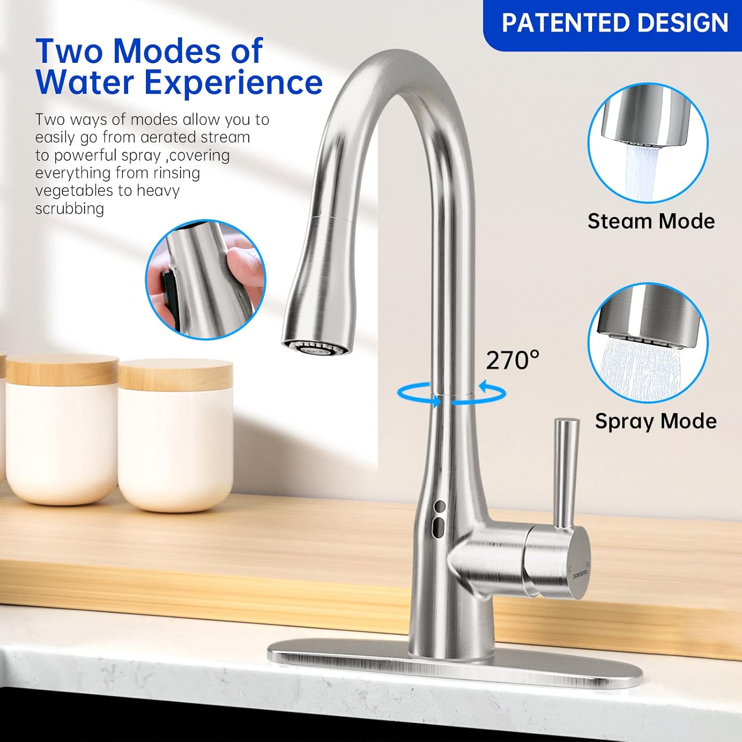 Touchless Kitchen Faucet with Pull Down Sprayer, Adjustable Water Flow, Handle Rotation 270 Degrees & Magnetic Docking Spray, Motion Sensor Kitchen Faucets for Sink 1 or 3 Hole Brushed Nickel - Image 4